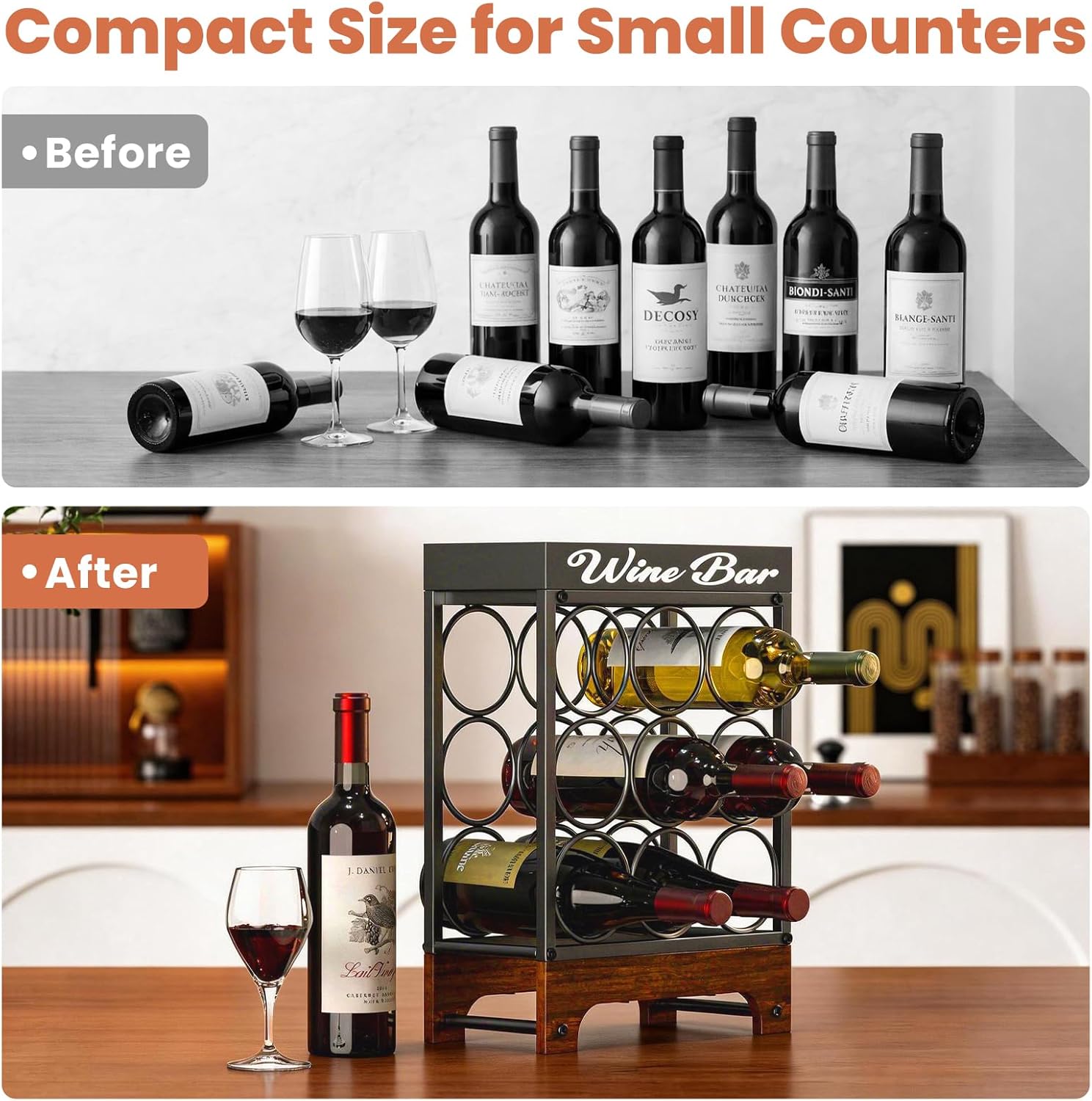 9 Bottles Wine Racks Countertop Freestanding with Top Tray, Modern Black Metal &Wood, 3 Tier Tabletop Wine Holder Stand for Home Kitchen Bar, Cabinet, Pantry, Wine Bottle Storage