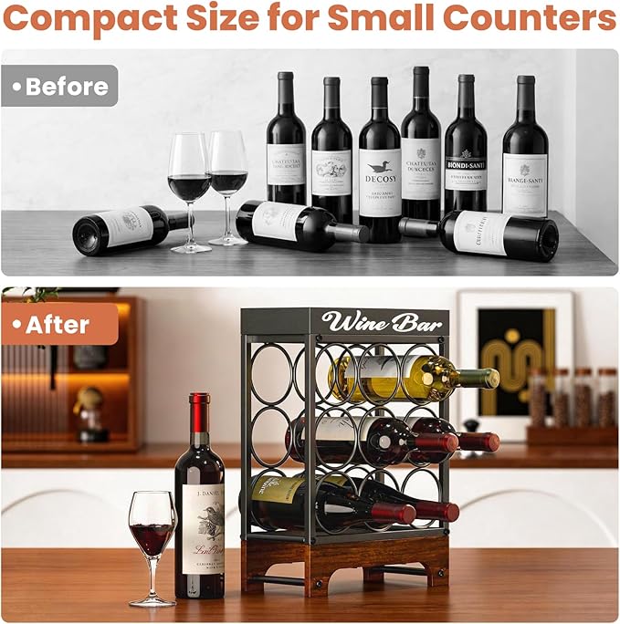 Soporte para 9 Botellas de Vino, Metal Negro y Madera, para Encimera miniatura 3
