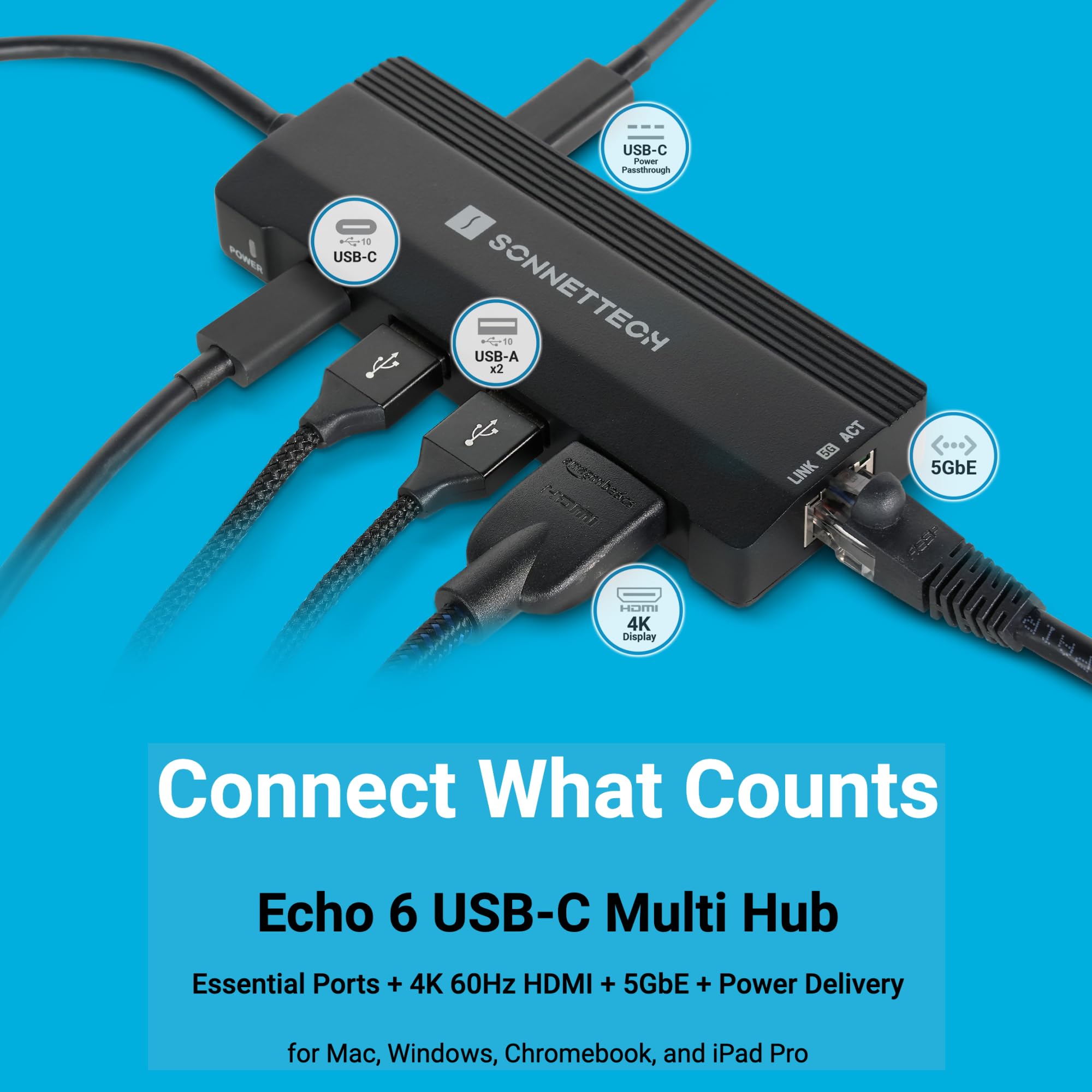 Sonnet Echo 6 USB-C Multi Hub – 4K 60 Hz, HDMI, 5 Gb Ethernet – 100 W Power Delivery for Mac, Windows, Chromebook, iPad Pro – USB4 Thunderbolt