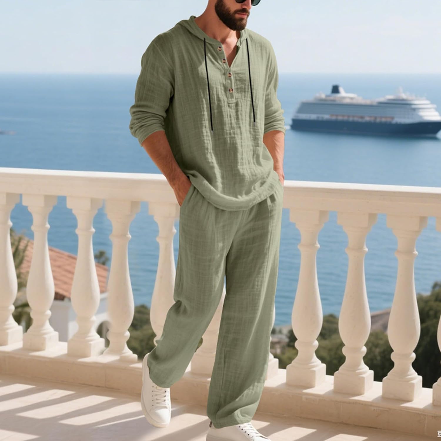 Mens Linen Suit 2 Pieces Cotton Linen Set Casual Long Sleeve Henley Shirts Beach Yoga Pants Summer Vacation Outfits