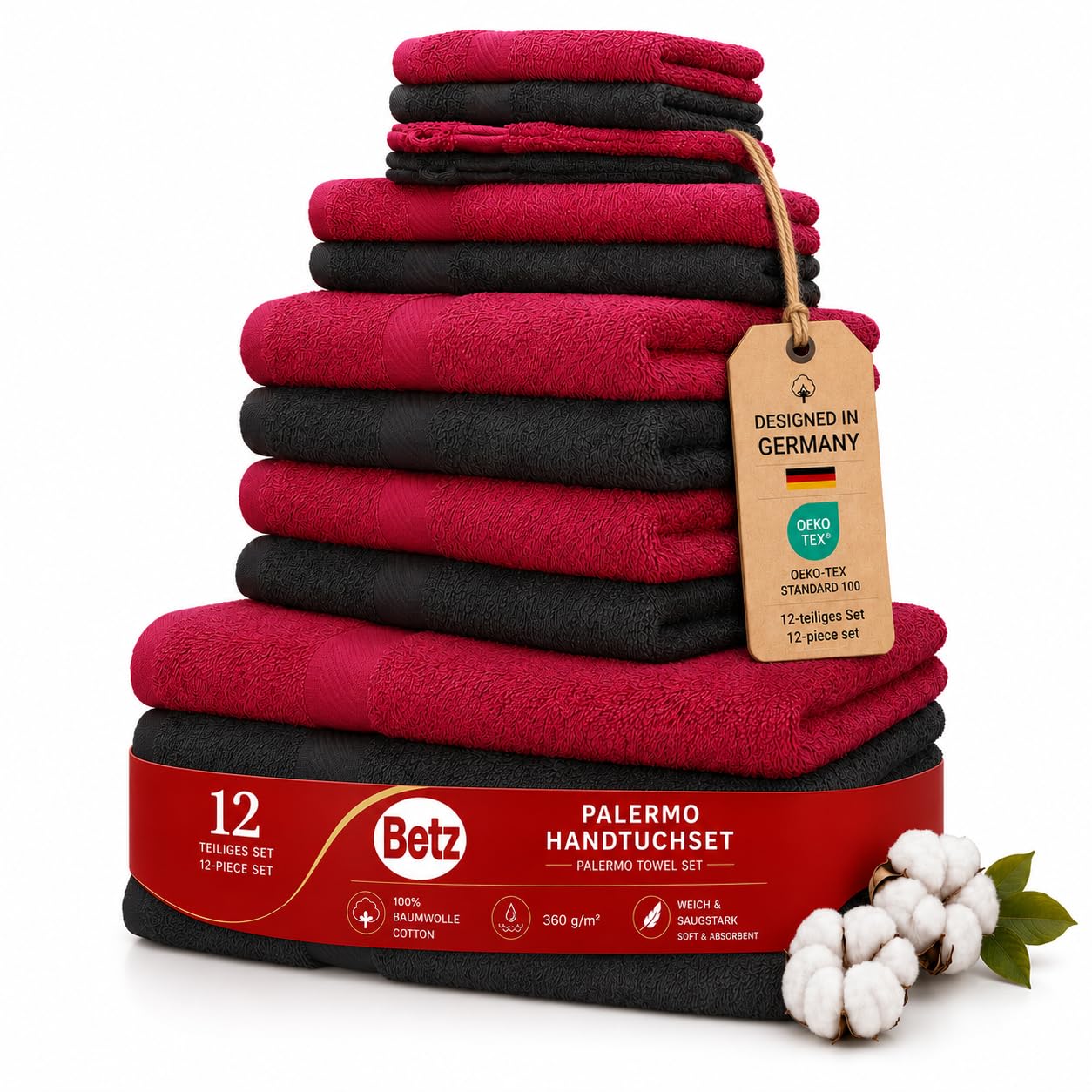 Betz 12-TLG. Handtuch-Set Palermo 100% Baumwolle 2 Liegetücher 4 Handtücher 2 Gästetücher 2 Seiftücher 2 Waschhandschuhe Farbe Cranberry und anthrazit
