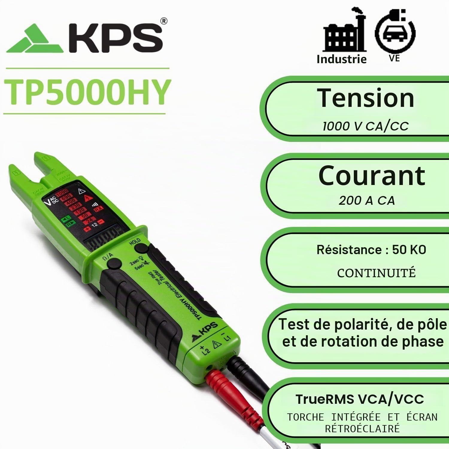 KPS-TP5000HY Testeur de tension TRMS AC/DC 1000V AC Current 200A Résistance Rotation et vérification de Phase 10,000 Counts IP65 CAT.IV