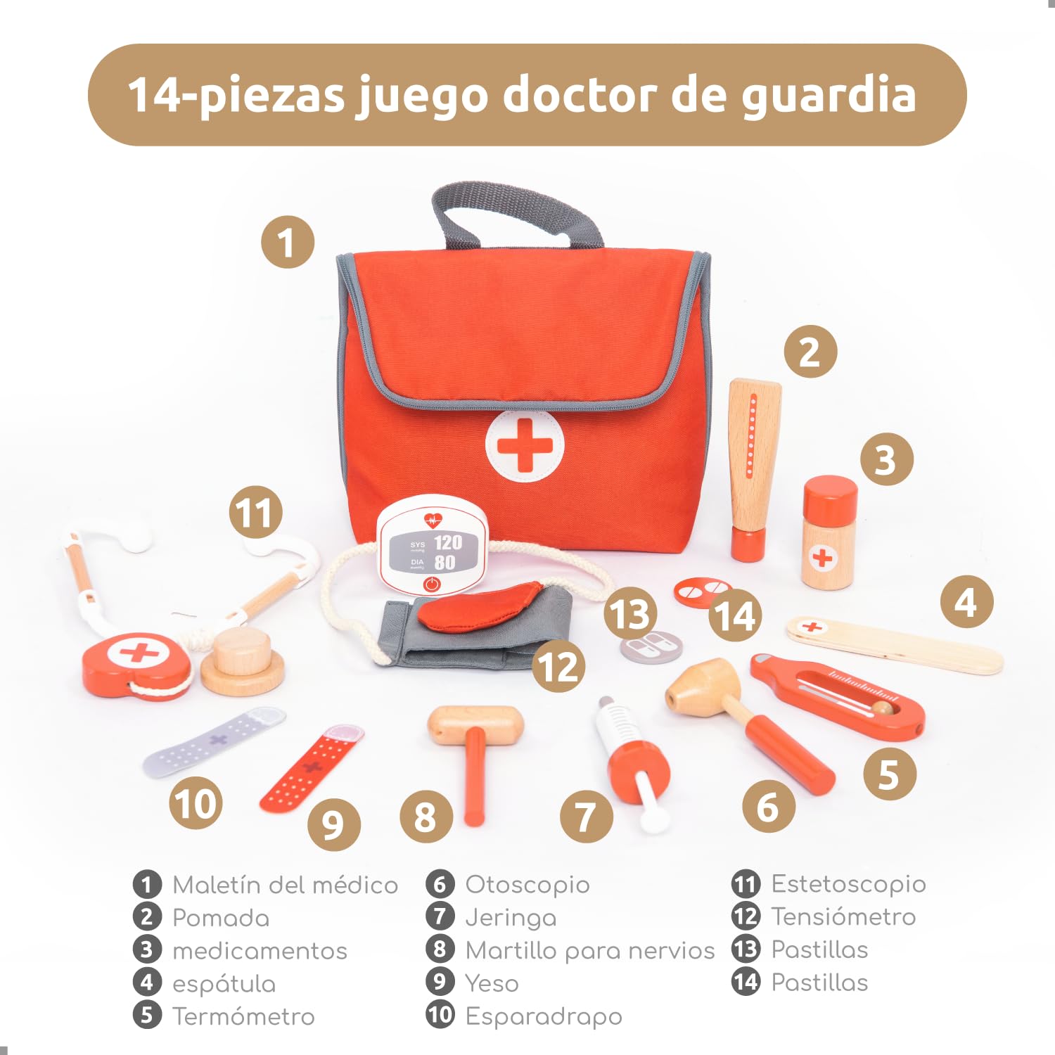 UMU® Mini Maletín de Doctor Infantil de Madera - Juego de Médico 14 Piezas con Estetoscopio, Tensiómetro y Más, Set de Juego de rol para Niños y Niñas a Partir de 3 4 5 6 Años