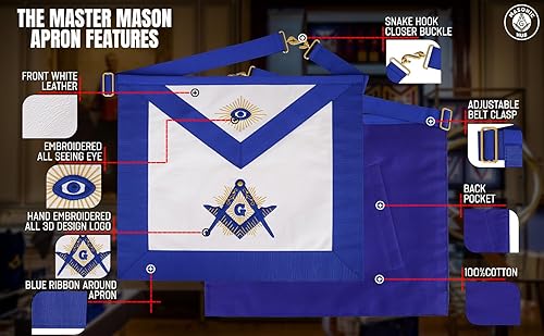 Miniatura 6 de Masonichub Masonic Master Mason Delantal 100% Piel de cordero Blanco Azul Lodge Delantal bordado a mano Radiant G Square y brújula, Blanco, azul y
