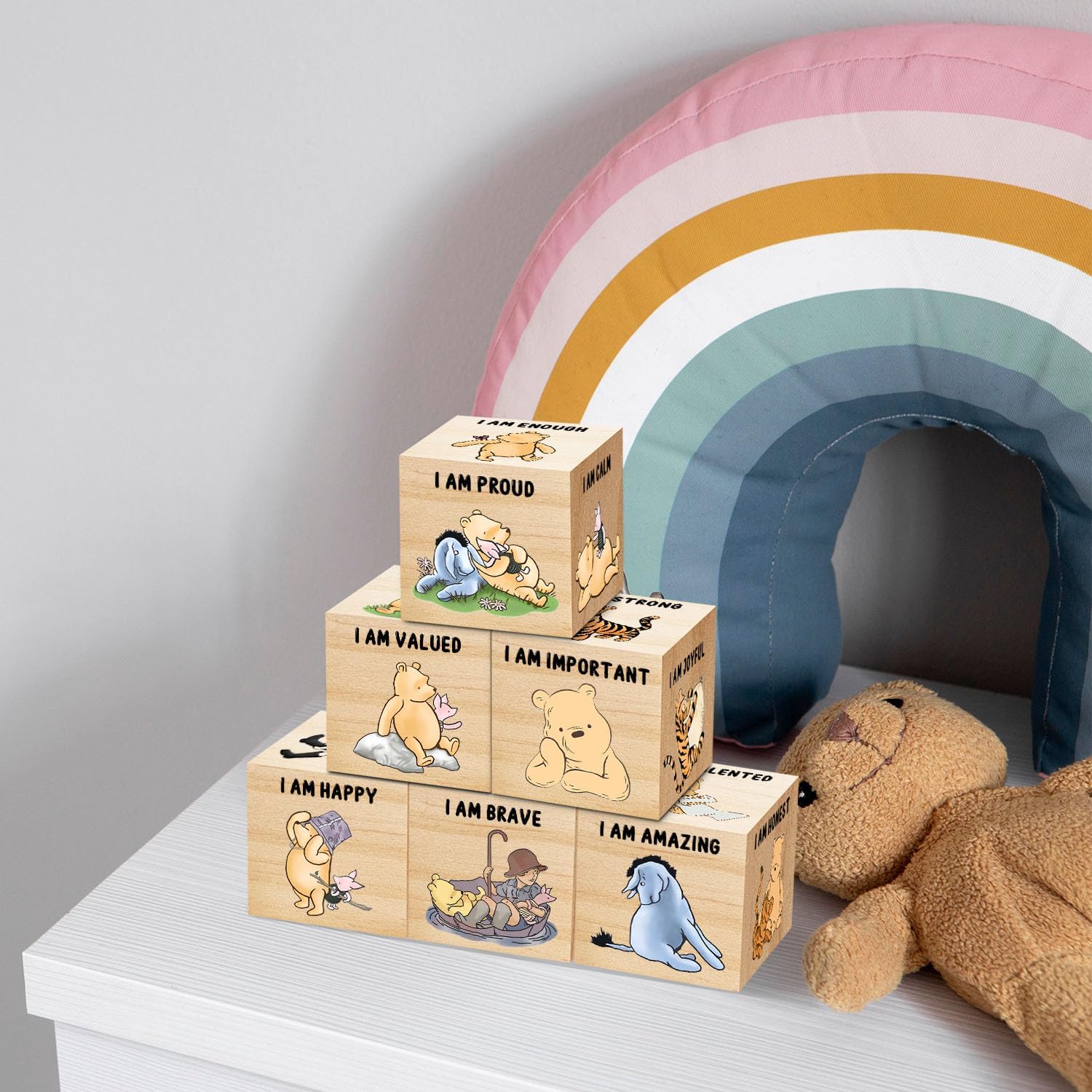6 Pcs Inspirational Winnie Nursery Decor for Girls and Boys Wooden the Pooh Decorations Winnie Baby Table Wooden Decorations Winnie Shelf Decor for Bedroom Playroom Gifts 1.6 Inch