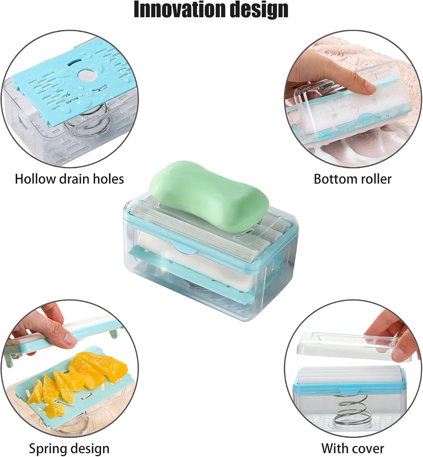 Multifunctional Soap Box,Foam Dispenser with Roller/Drain Holes,Spring Foaming Soap Bar Holder/Container/Dish/Case/Container,Family Countertop Handwashing Gadget for Bathroom/Kitchen/Shower/Bath(2pcs)