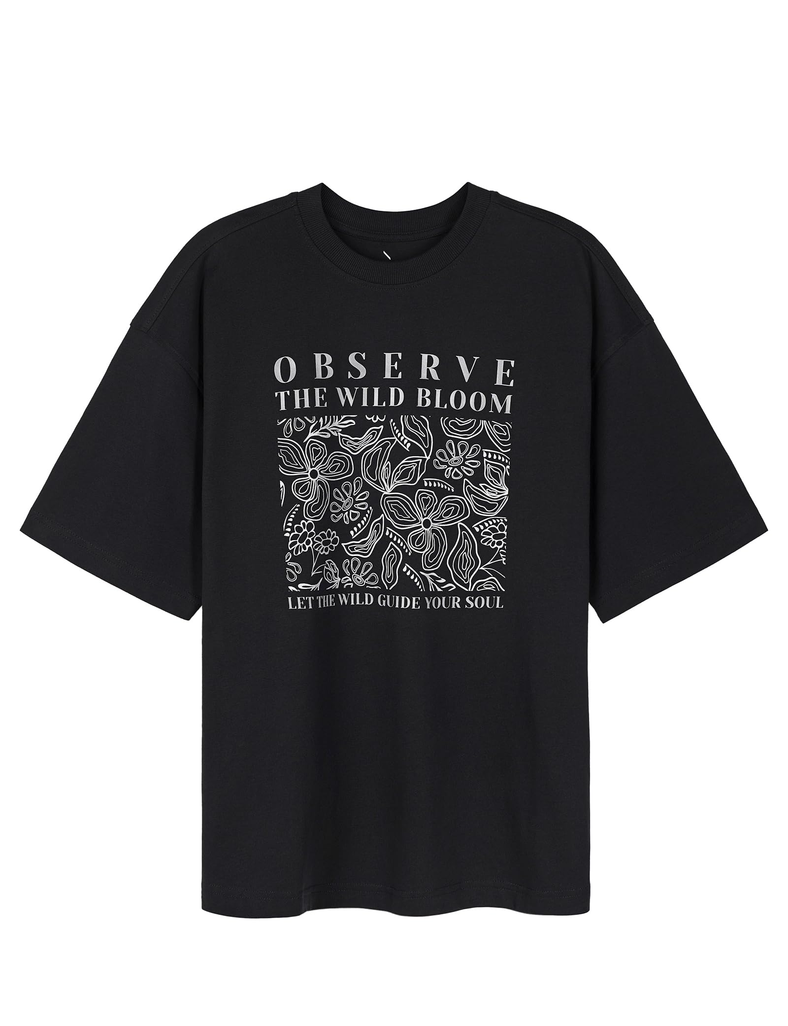 Maglietta da donna oversize con grafica, 100% cotone pettinato, girocollo a maniche corte, maglietta casual, stampa botanica sul petto, morbida e traspirante