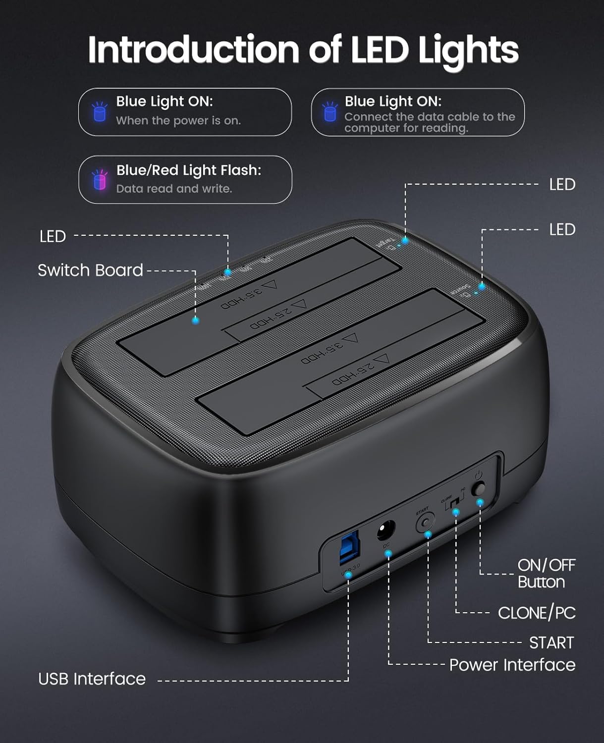 ORICO Hard Drive Docking Station Dual Bay USB 3.0 to SATA with Duplicator/Offline Clone Function External Hard Drive Dock for 2.5''/3.5'' HDD SSD Max Up to 44TB Support UASP Plug&Play-DD-C - Image 8