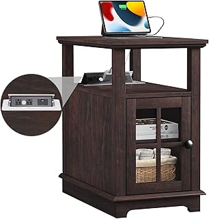 HIFYOBRO Narrow End Table with Flip Top Charging Station, Adjustable Shelf, Type-C & USB Port & Power Outlets, Side Table with Storage for Living Room/Bedroom/Home Office