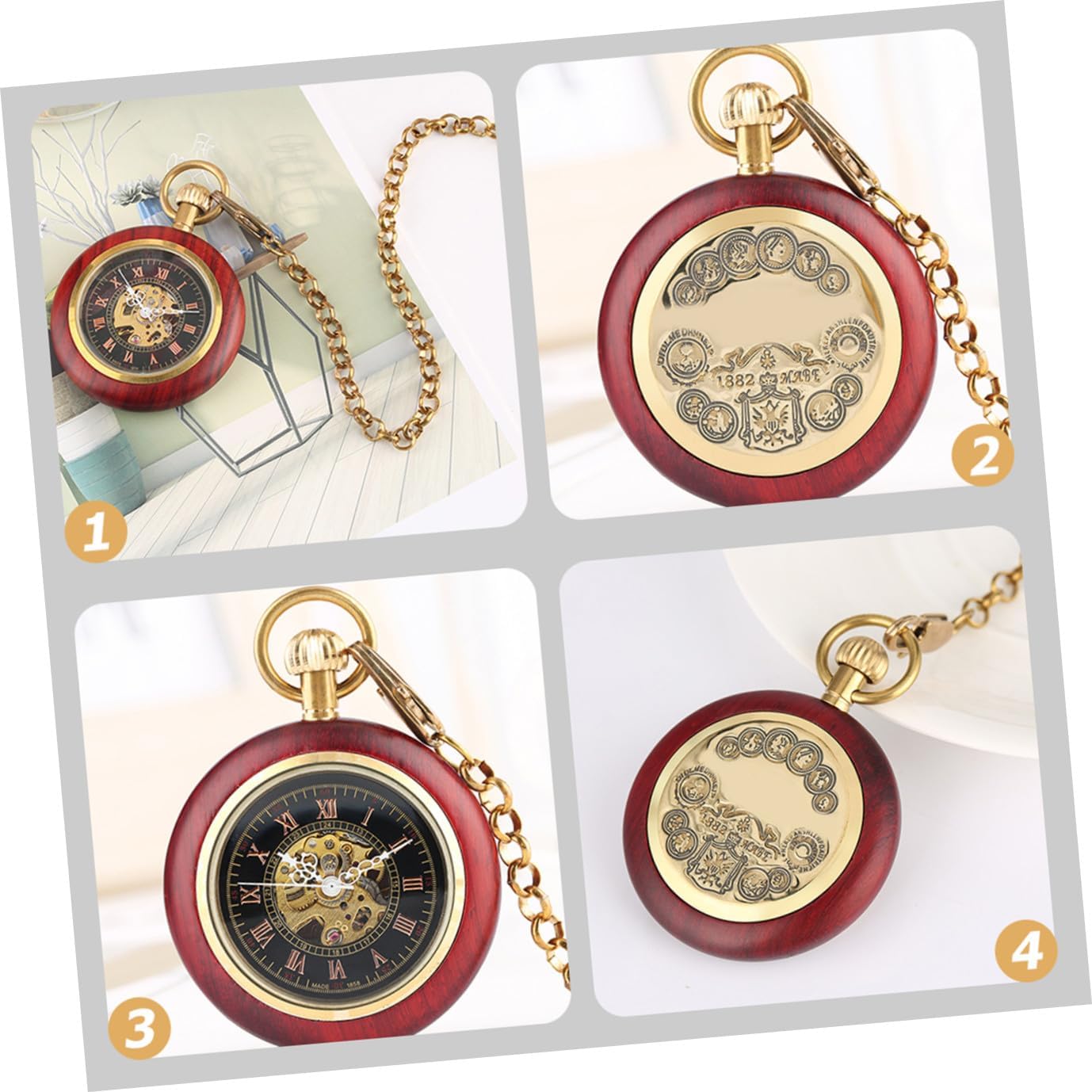 CLISPEED Mechanical Pocket Watch with Chain Retro Roman Numeral Copper Case Vintage Hanging Pocket Watch for Elderly Men Classic Antique Timepiece