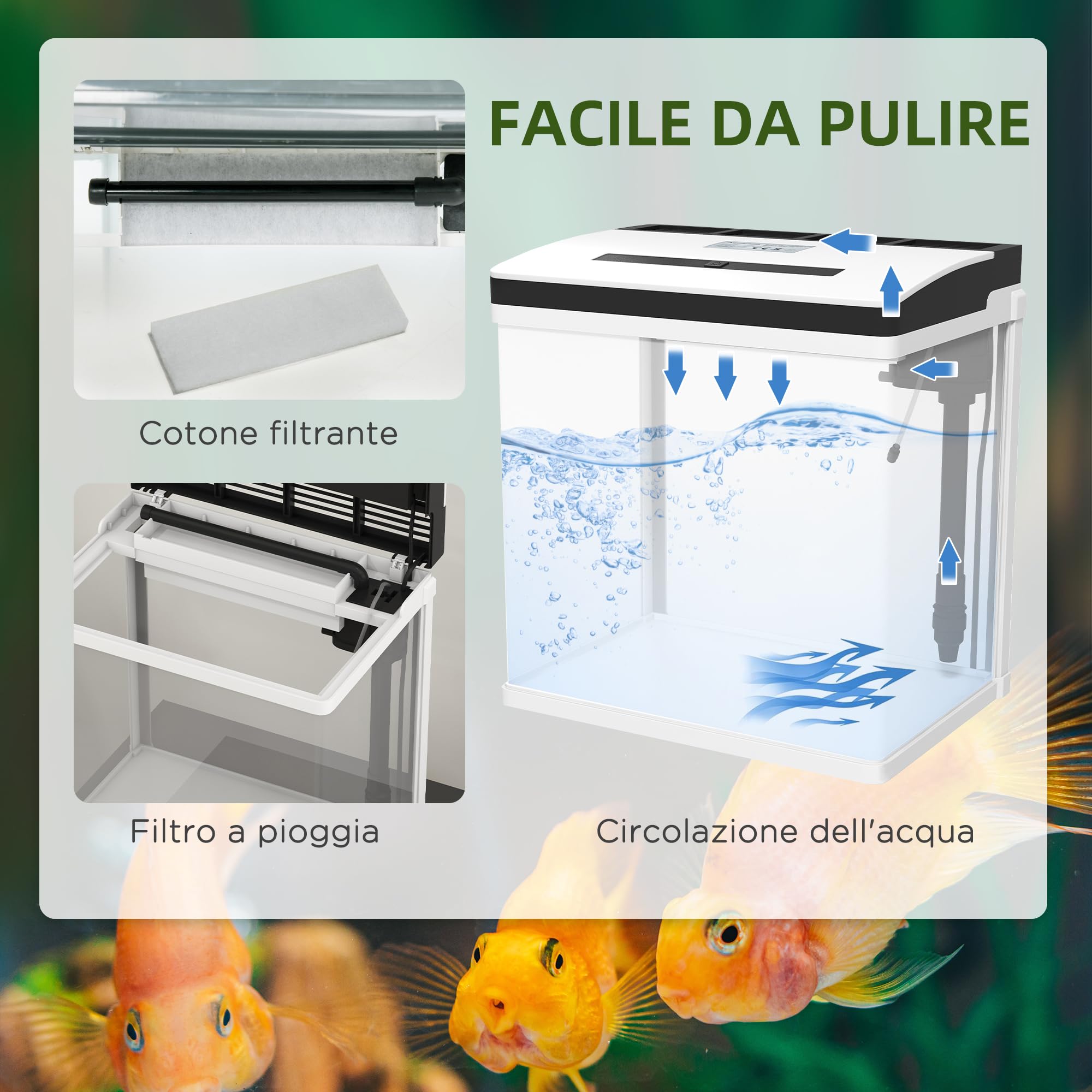 PawHut Acquario per Casa da 28L a Illuminazione LED con Fori di Ventilazione e Pompa Silenziosa, Vaschetta per Pesci in Vetro HD e ABS, 38x26x38 cm, Bianco e Trasparente