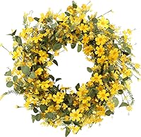 JFLORU 22 Inch Yellow Daisy Spring Summer Wreath for Front Door - Artificial Grapevine Flower Wreath Indoor Outdoor Easter Decor