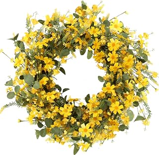 JFLORU 22 Inch Yellow Daisy Spring Summer Wreath for Front Door - Artificial Grapevine Flower Wreath Indoor Outdoor Easter Decor