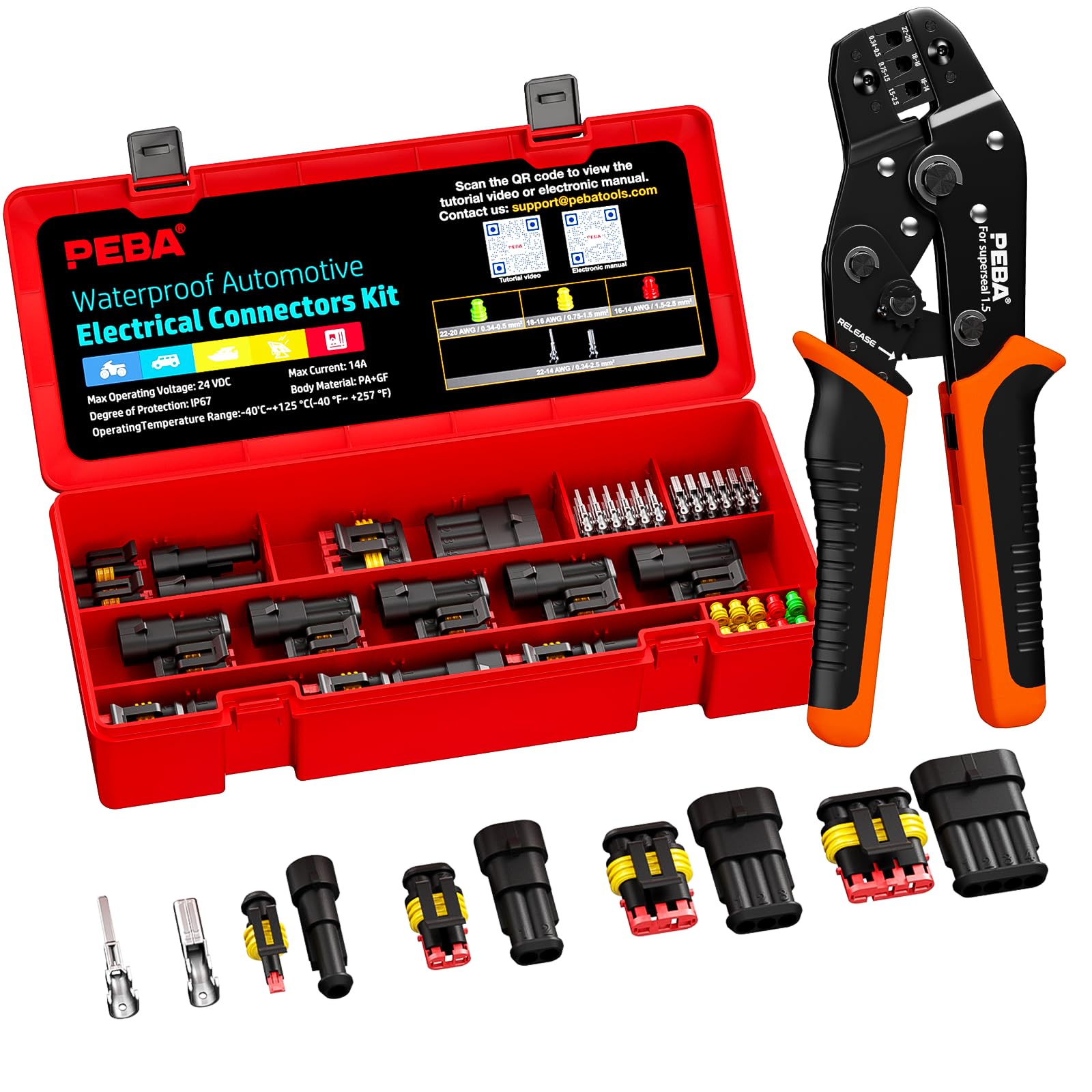 PEBA Waterproof Automotive Electrical Connectors Crimping Tool Kit, 1/2/3/4-Pin Way Waterproof Wire Connectors, Ratchet Crimper Tool for AWG 22-14 Wire, Electrical Wire Plug Car Tool Kit — image 1