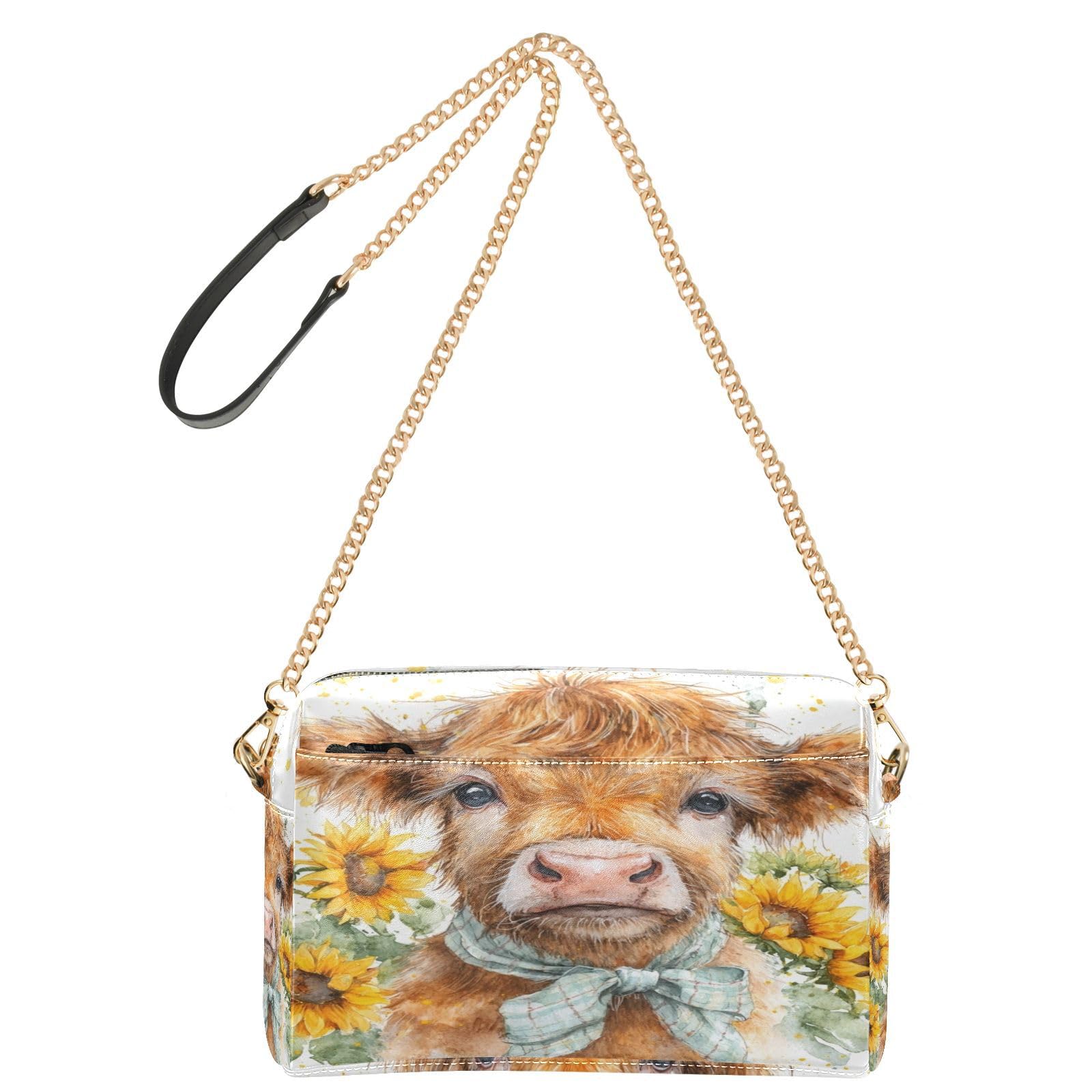Krafig Watercolor Highland Cow Sunflowers Crossbody Bags for Women Leather Purses Small Shoulder Handbags