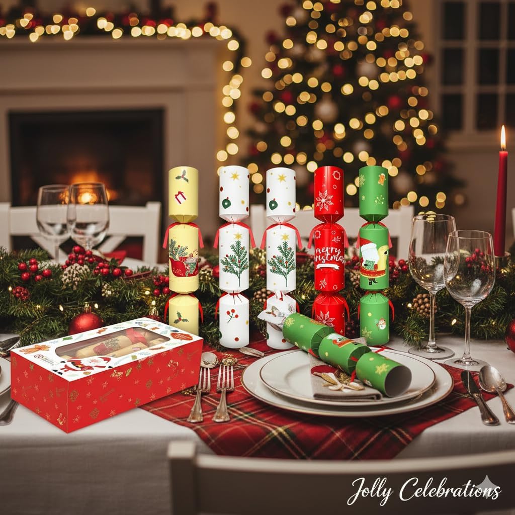 12-Pack Christmas Crackers Non-Snap – Holiday Party Favors with Hat, Joke & Surprise Gift Inside, Christmas Table Decorations for Family Dinner