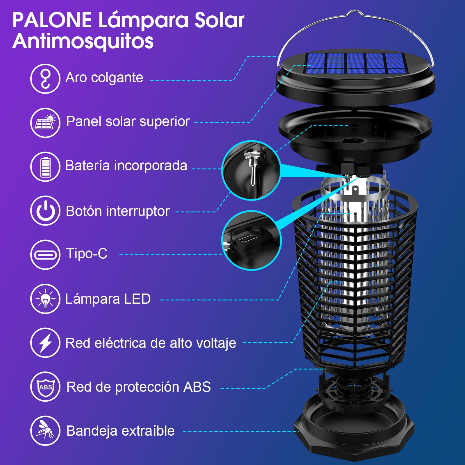 PALONE Lampara Antimosquitos Solar 2500mah/4500v, Antimosquitos Electrico Recargable por USB y Cable De 1 M, con Barra de Soporte Solar de 5,5 W/5 V Y Cable de Carga C para Interior y Exterior