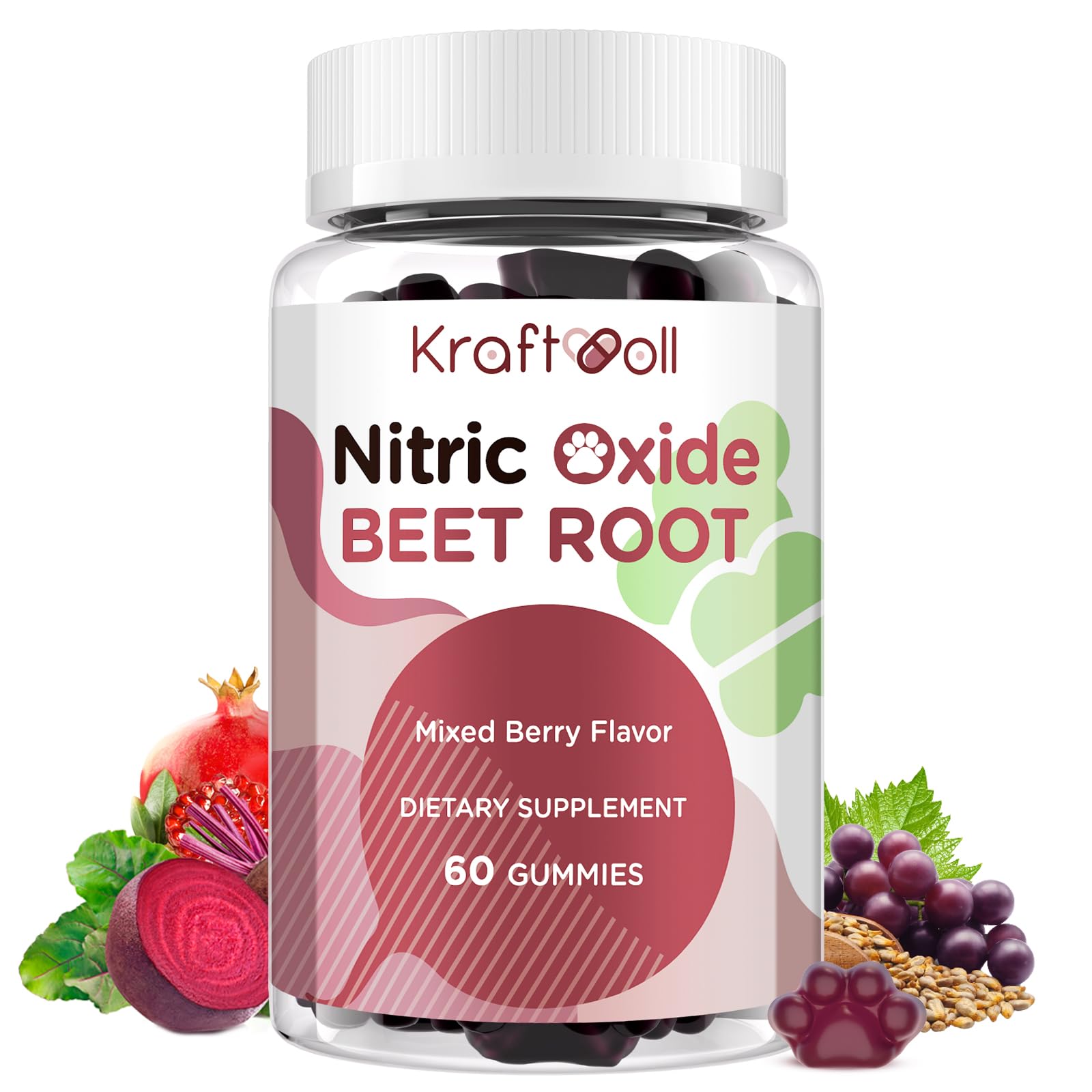 Kraftvoll Pré-treino de Óxido Nítrico com beterraba 6000 mg, semente de uva, romã e vitaminas C e B12, 60 gomas