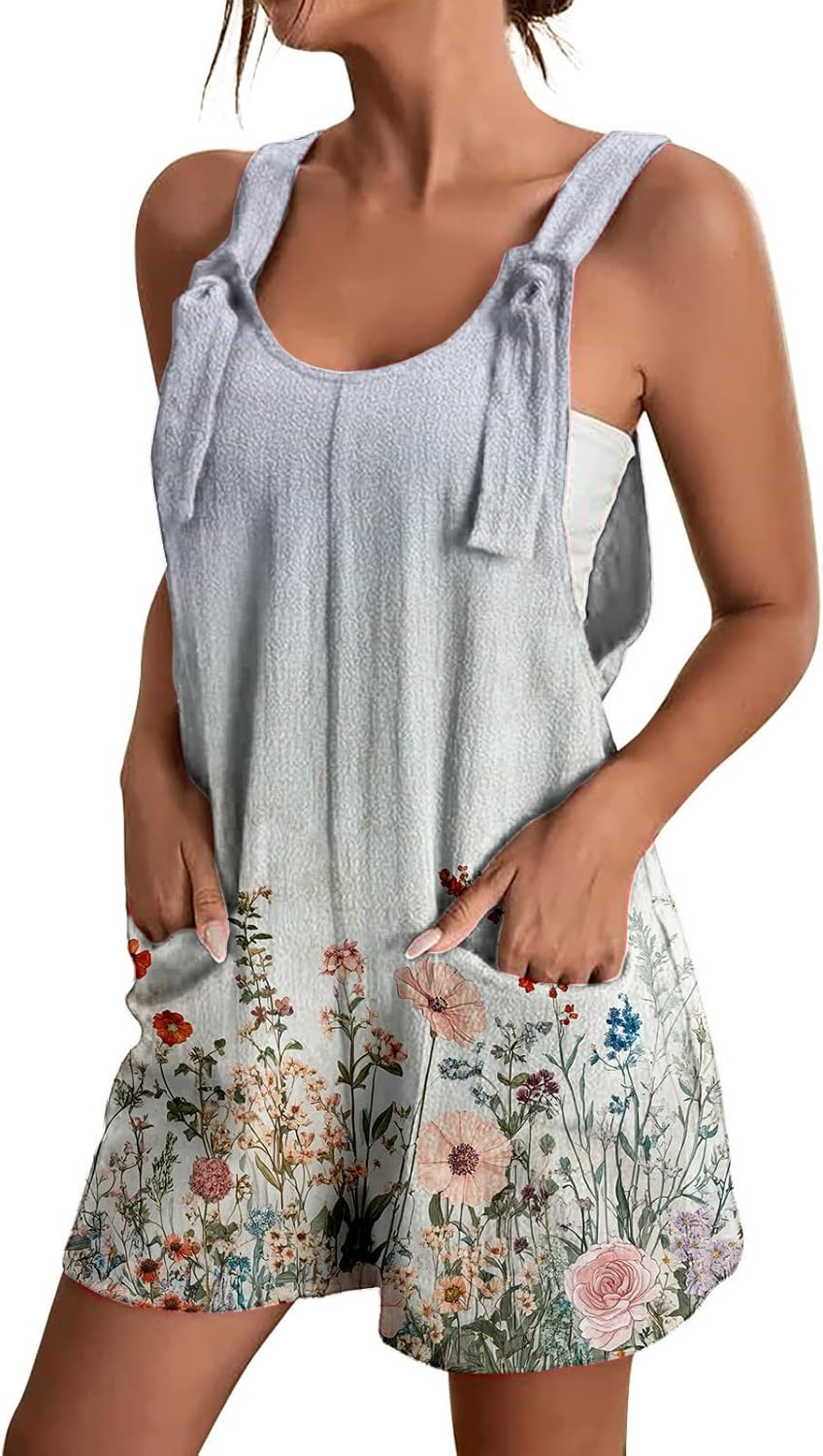 Overalls for Women Boho Floral Print Summer Casual Short Overalls Tie Knot Straps with Pockets