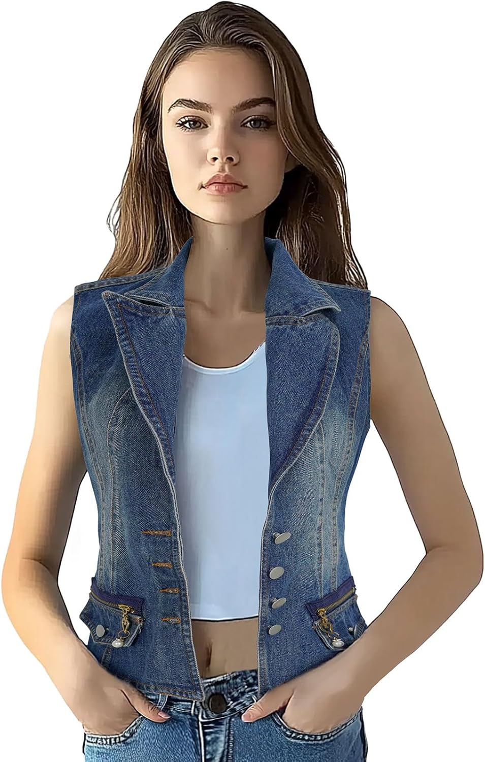Women's Lapel Denim Vest Button Vest Jacket Blue Vest - Image 2
