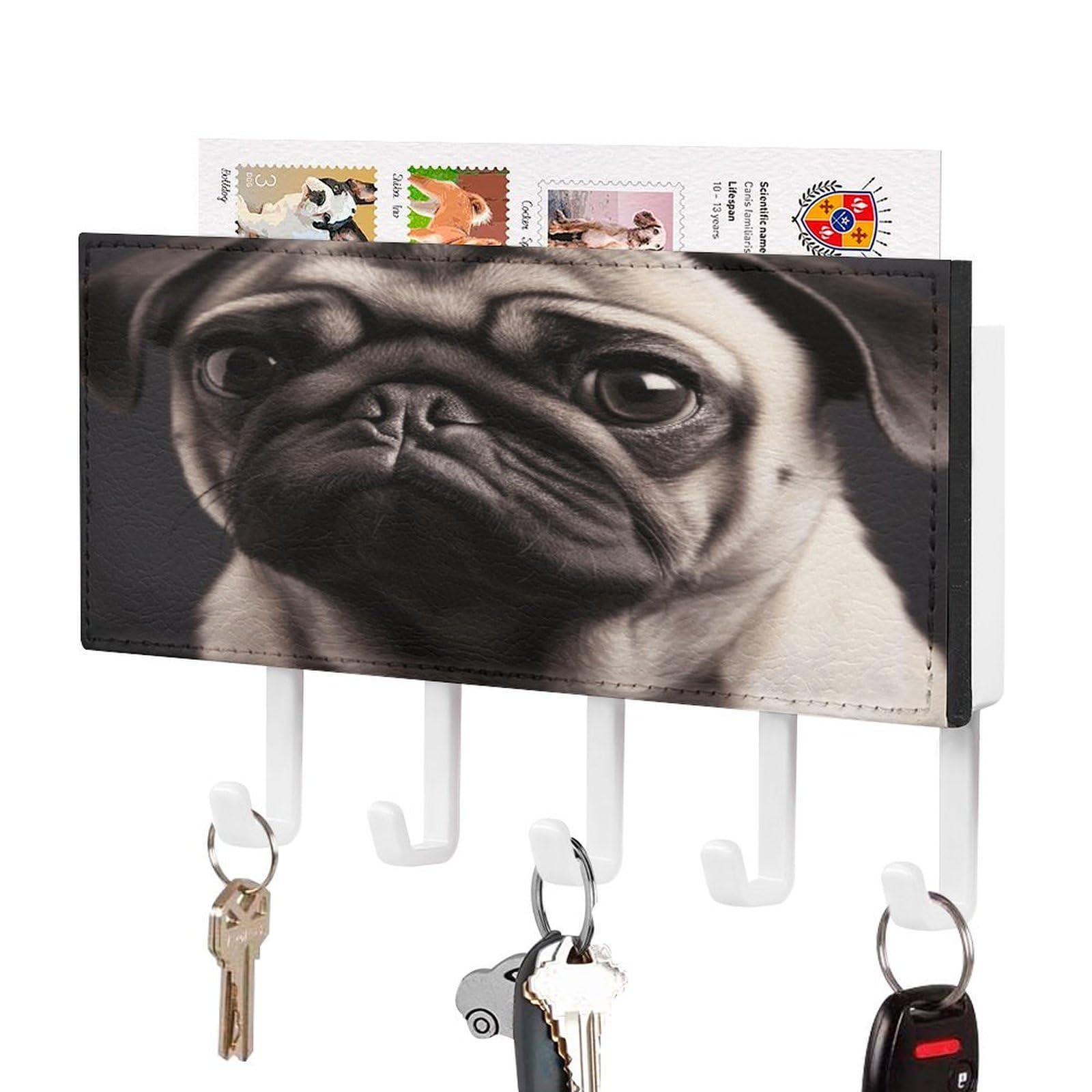Vstadank White-Style Pug Key Holder For Wall Decorative Mail Organizer Exquisite Coat Rack Pu Wall Mount Adhesive Keys Rack With Tray&5 Key Hook For Door Hallway Entryway Decor