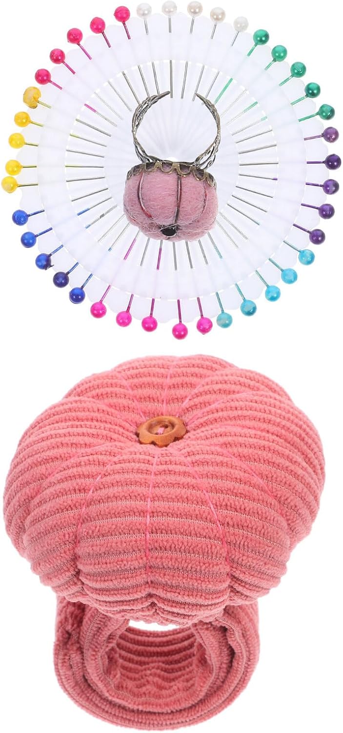 Luxshiny Pumpkin Shaped Sewing Wrist Pin Cushion Set with Finger Ring Pincushion, Pink Corduroy Fabric Needle Holder for DIY Crafts and Quilting