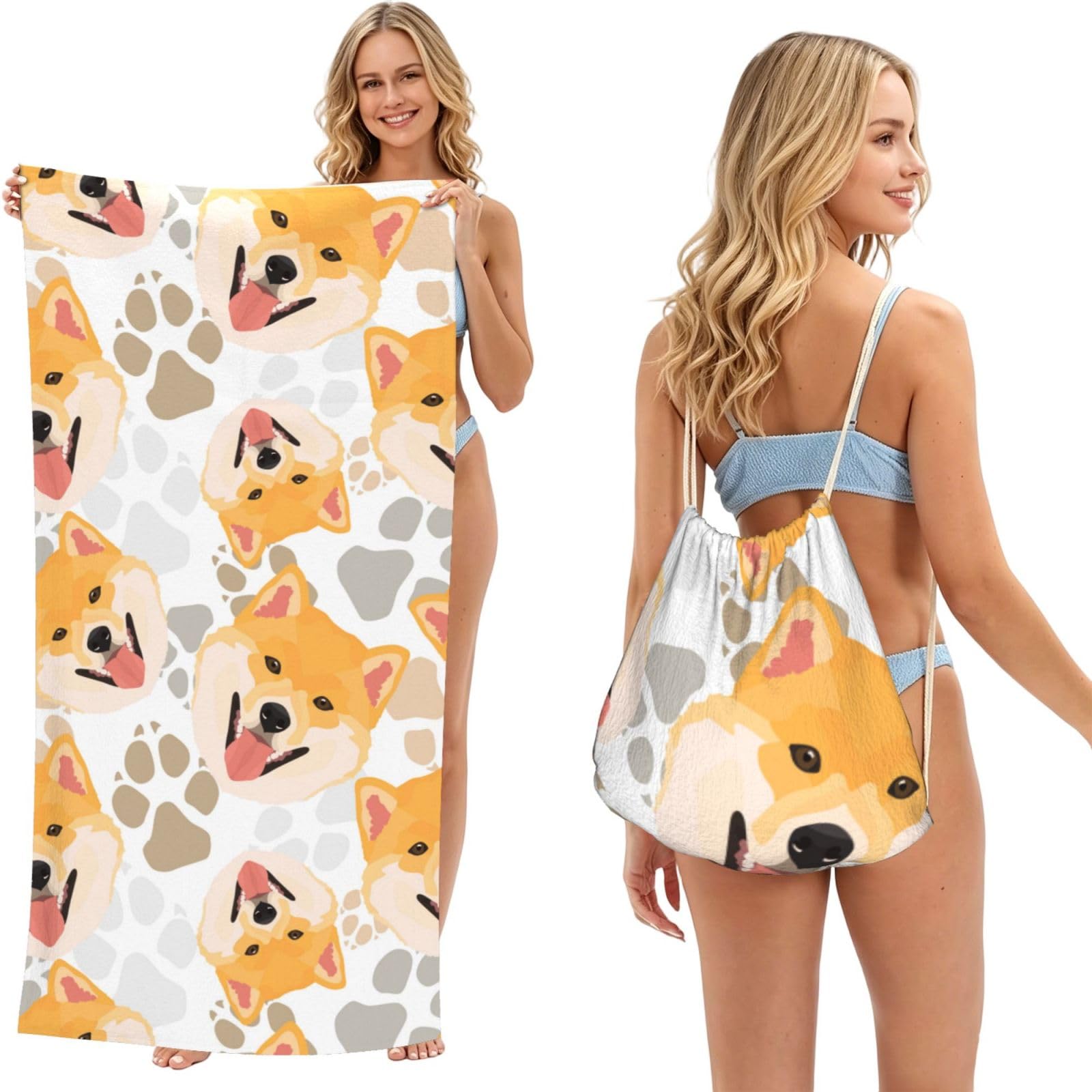 Poadnly As Picture Shiba Inu, 2 In 1 Packable Towel Bag, Beach Towels With Drawstring Backpack For Travel Holiday Camping