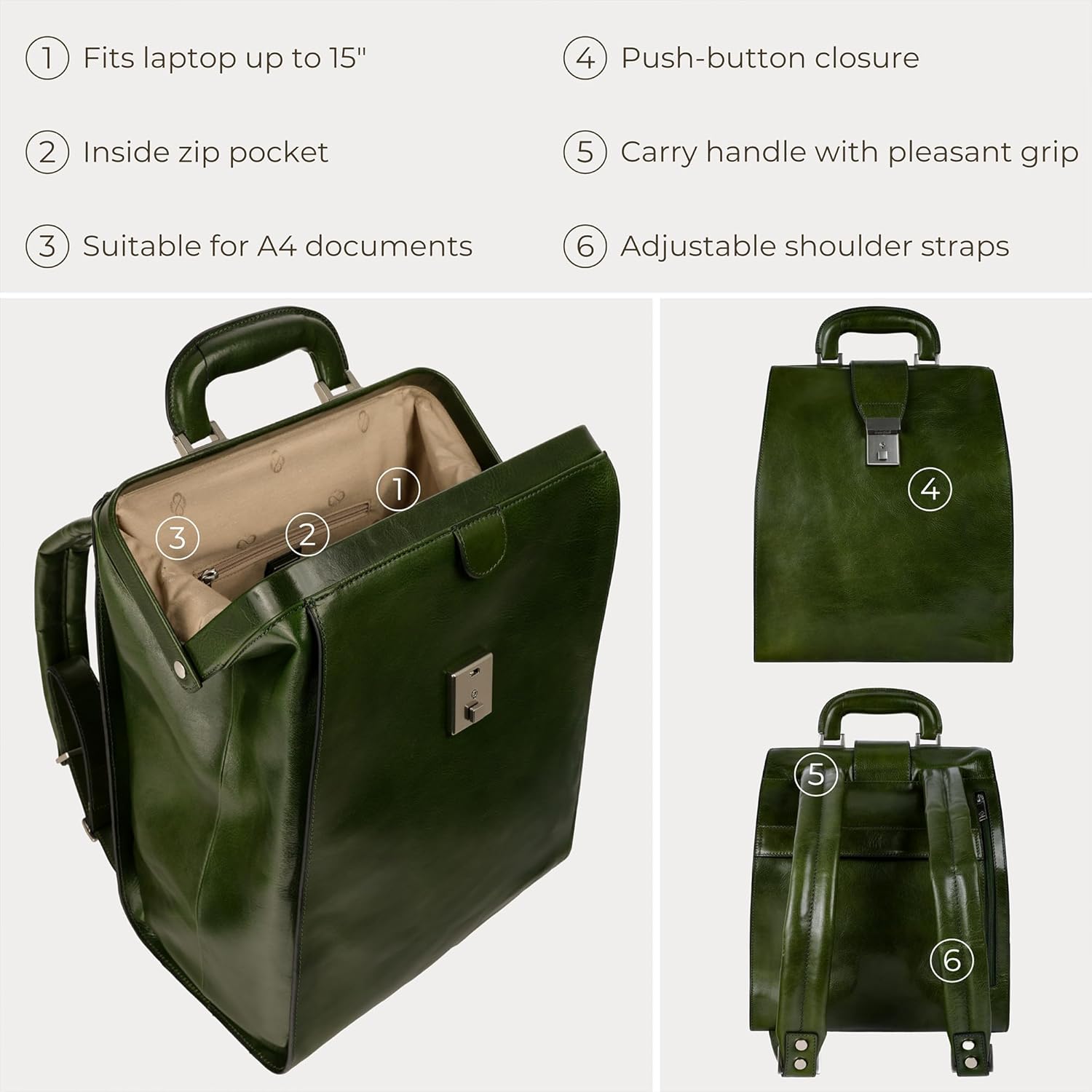 Time Resistance Leather Backpack for Men and Women - Business Rucksack Laptop Bag (Green) - Image 6