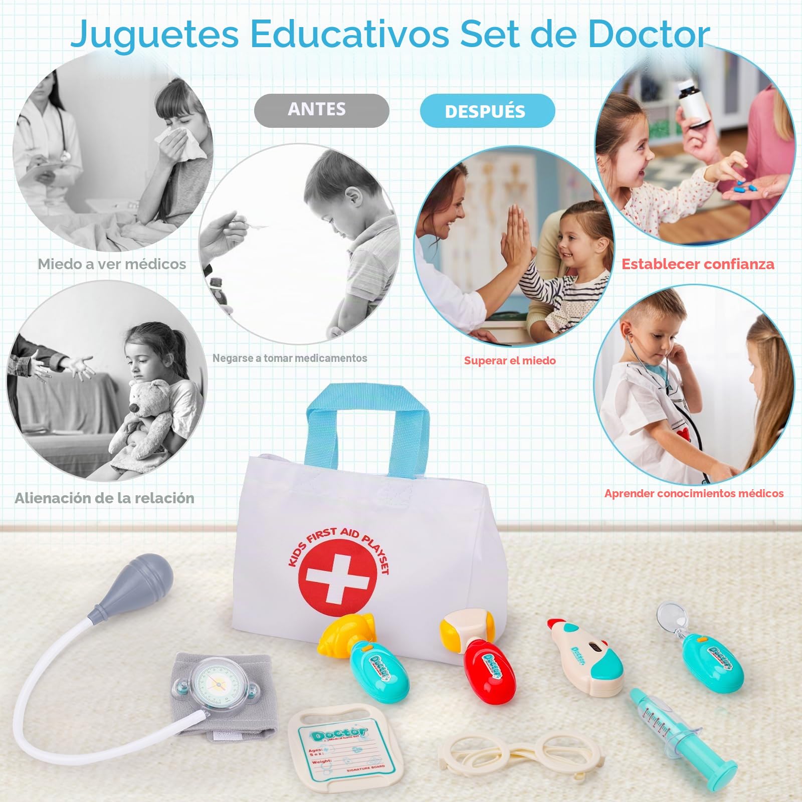 Maletín de Doctor Niño 2 3 4 5 años Kit de Médico Disfraz de Doctor Infantil con Estetoscopio Termómetro Jeringa, Juguetes de Doctor Juegos Educativos Regalo para Niños 2 3 4 5 Años Niño Niña