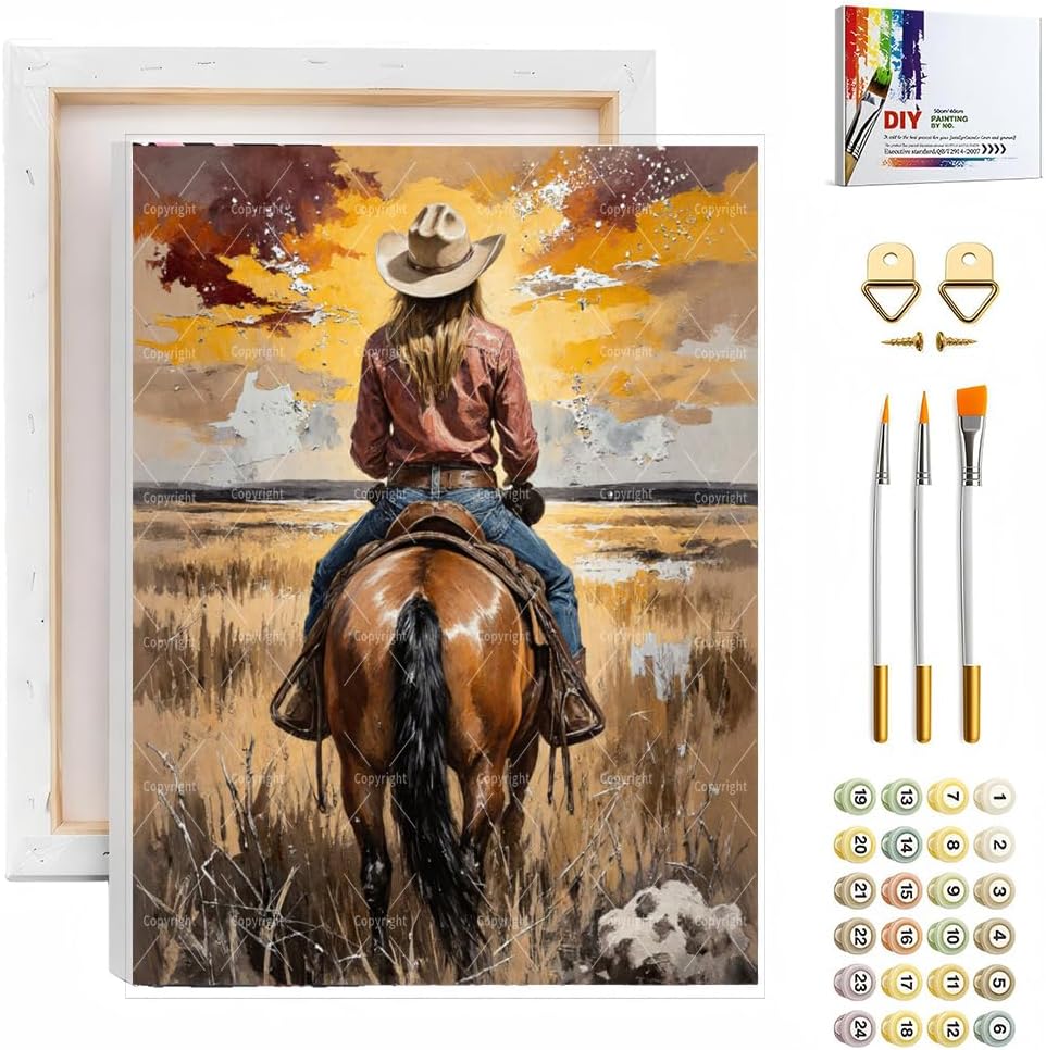 Western Paint By Numbers Kit For Adults - Diy Cowgirl On Horseback Painting On Canvas, Acrylic Paint Set, Suitable For Beginners, Home Wall Decor Art For Home Decoration Or Gifts(16X20IN framed)