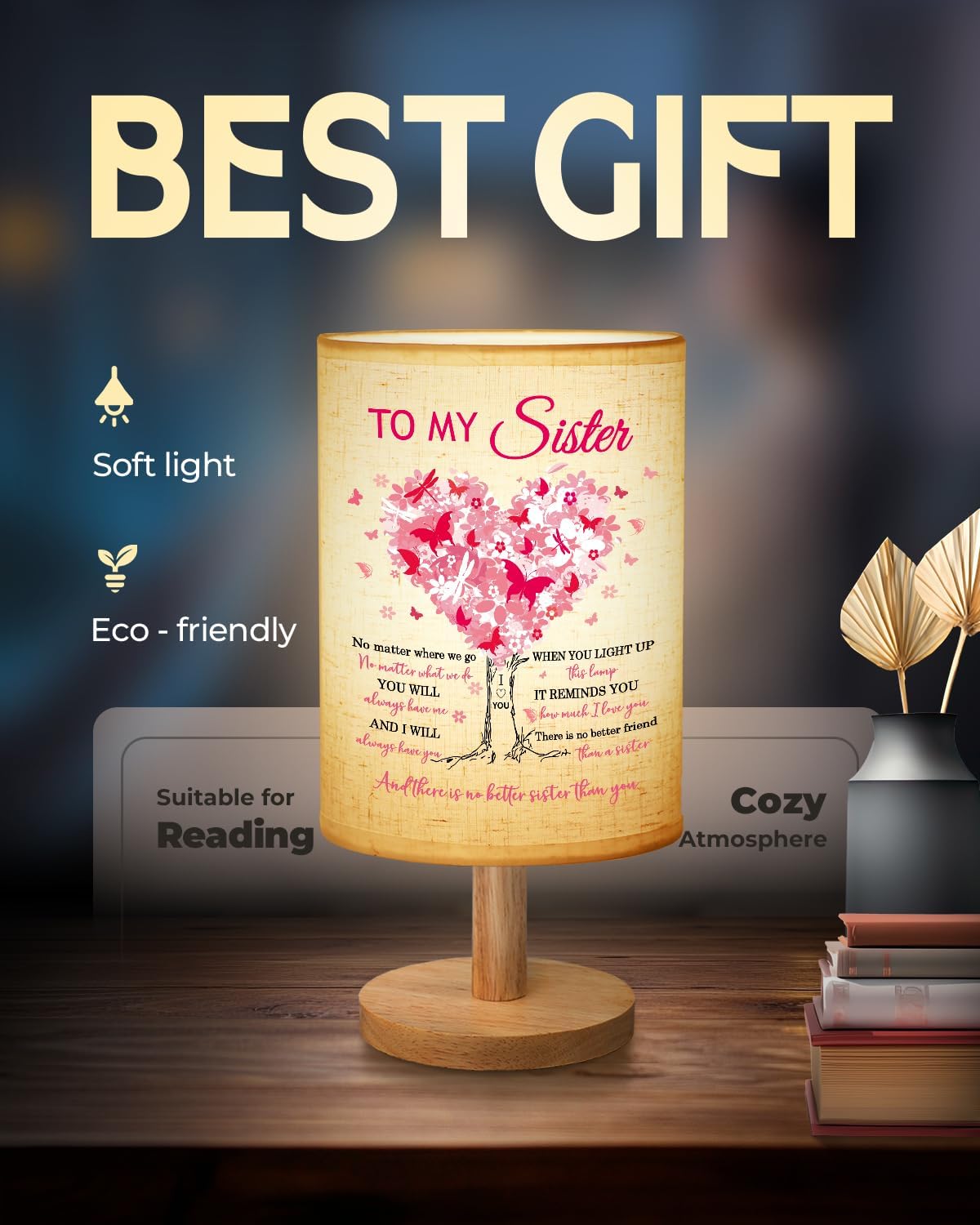 Sister Birthday Gifts, Mothers Day Gifts for Sisters Fabric Lamp, Sister's Gift from Sisters Table Lamp with Wooden Stand, Anniversary Wedding Gift for Sister