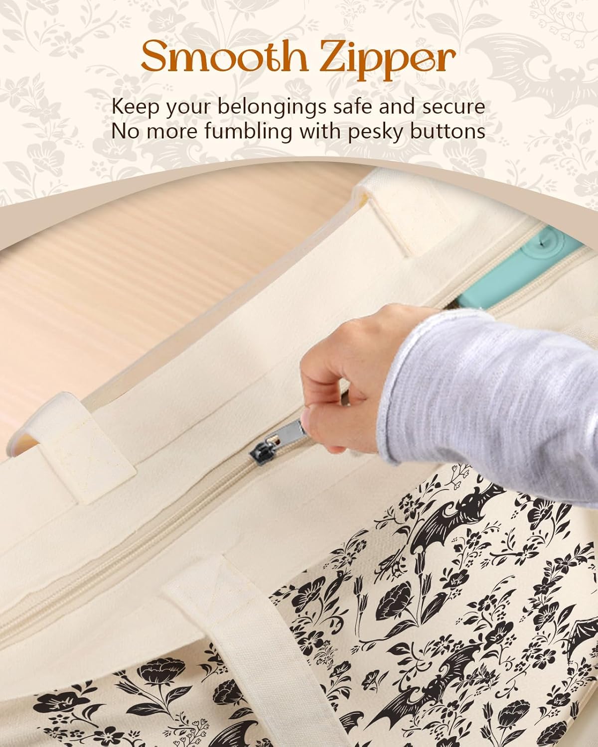 Canvas Tote Bag for Women – Aesthetic Canvas Bag with Zipper Cute Stylish Reusable Shoulder Totes for Shopping Work Daily Vacation, Bianfu Flower - Image 4