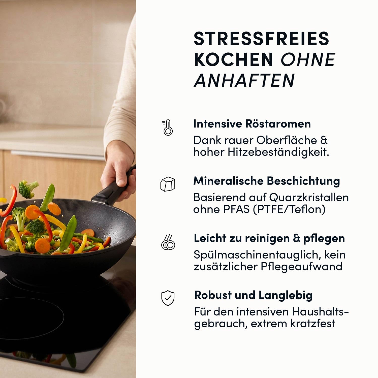 Hoffmann STONIQ Wokpfanne Ø 30 cm – PFAS-frei, Aluguss Wok mit abnehmbarem Stiel, IQ-SHIELD Antihaftbeschichtung, induktionsgeeignet, backofenfest 300 °C – Made in Germany WOK (mit Deckel)
