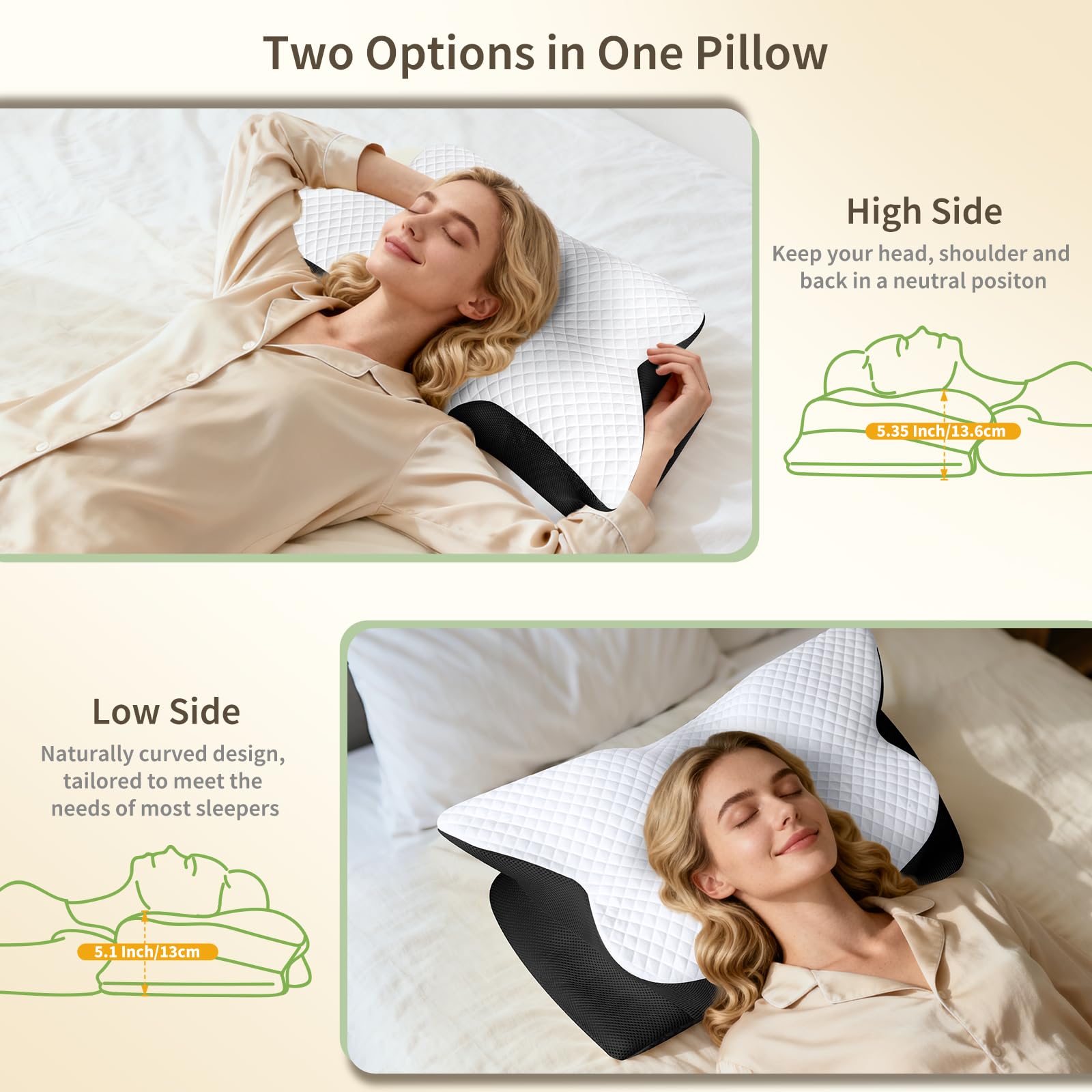 Cuscino per dolori al collo, cuscino ortopedico in memory foam, cuscino ergonomico per chi dorme sul fianco, cuscino cervicale per dorme laterale, schiena e addome, 61,7 x 37 x 13/13,6 cm