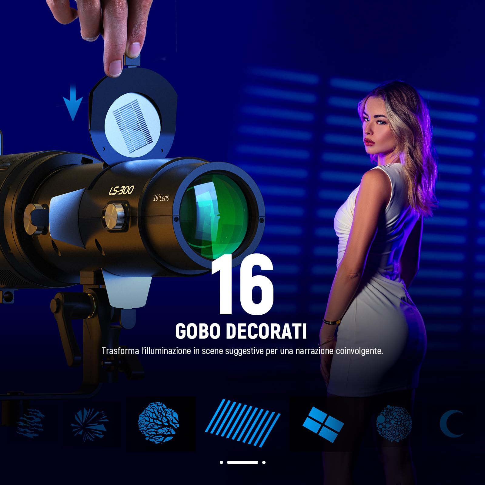 NEEWER LS-300 Snoot Ottico Spotlight per Luci Video LED Bowens da 300W con 16x Gobo Lente di Proiezione 19° Trasmissione Luce al 98% Forma Geometrica per Fotografia Creativa e Illuminazione Migliorata