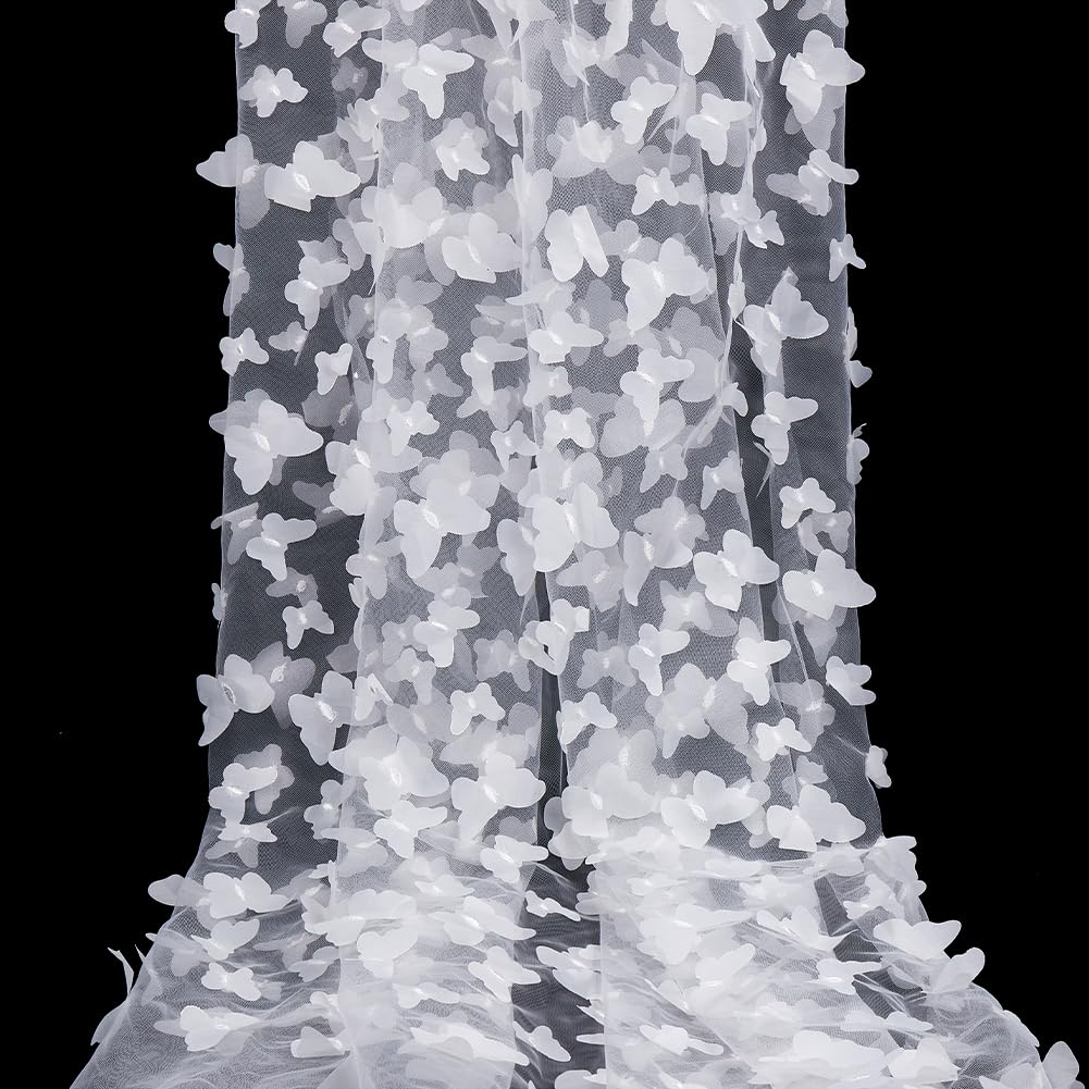 GORGECRAFT 0.9m x 130cm White Tulle Tablecloth Rectangle Embroidered 3D Butterfly Lace Fabric Mesh Ribbon for Wedding Dress Costume Curtain Table