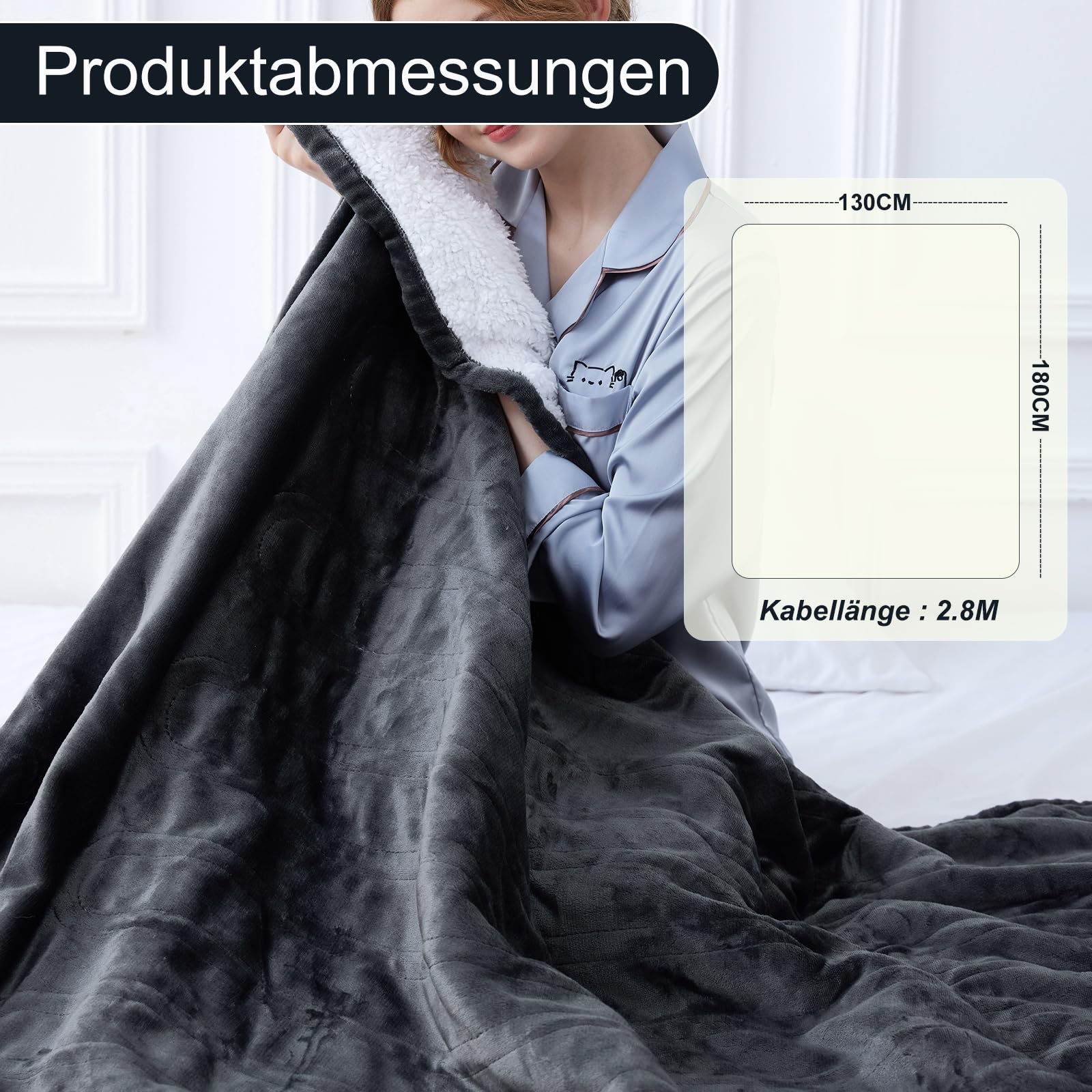 Heizdecke Mit Abschaltautomatik 130x180CM, Wärmedecke mit 8 Heizstufen & 1-12 Stunden Auto-Off-Timer Überhitzungsschutz, Maschinenwaschbar Flanell-Sherpa Wärme Decke für Home & Office, Grau