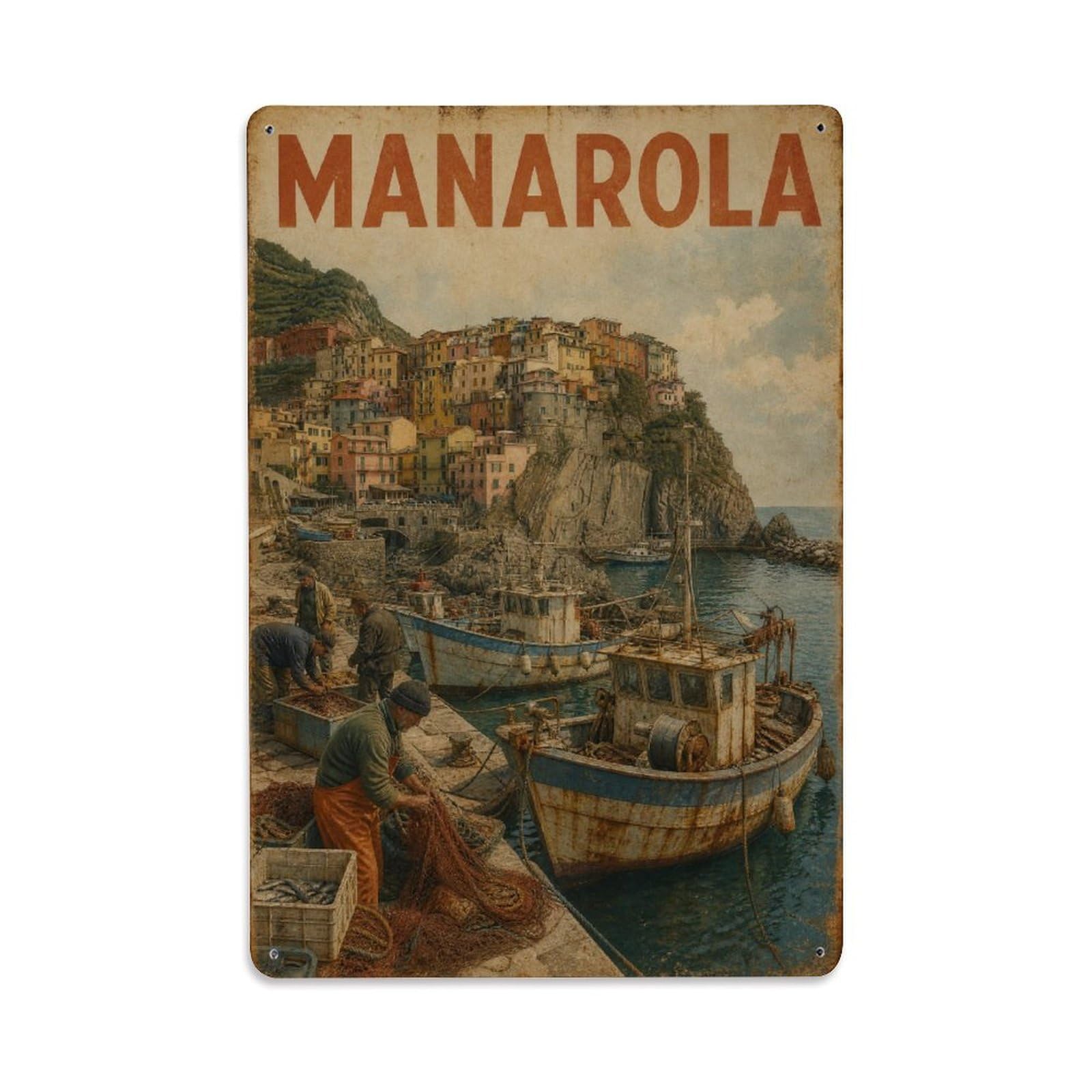 Huiyhb 8X12inch(20X30cm) Vintage Travel Manarola Fishing Port Working Harbor Italy Metal Tin Sign