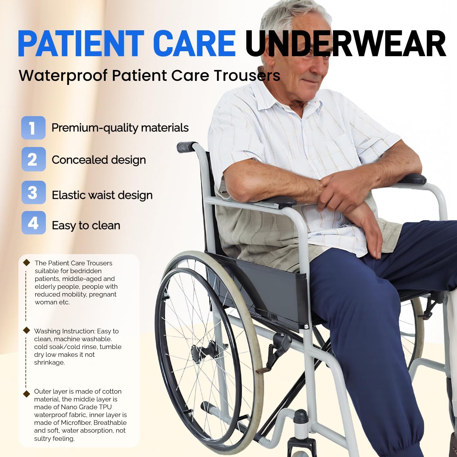 Waterproof Patient Care Trousers,Patient Care Underwear,Adjustable Incontinence Trousers,Reusable Adaptive Apparel for Bedridden,Elderly,Mobility Impaired (Long,Grey,M) - Image 3