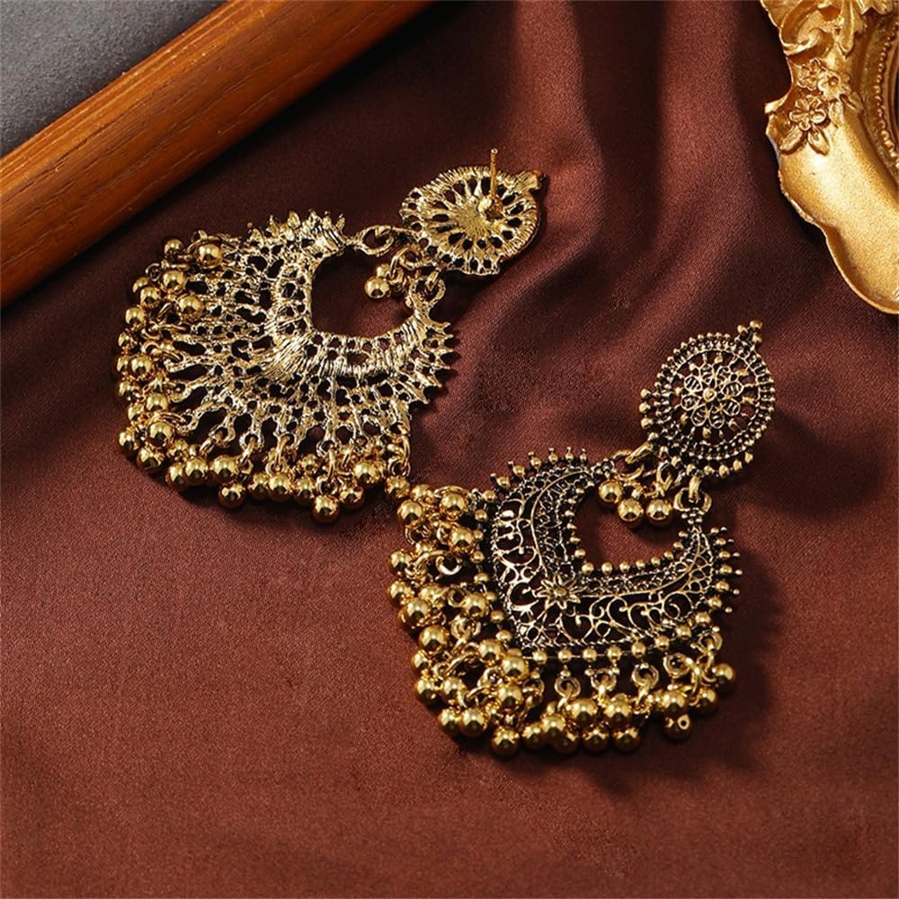 Boho Ball Tassel Statement Dangle Earrings for Women Girls Vintage Flower Heart Shaped Beaded Chandelier Drop Dangling Earring Indian Bollywood Jewelry Gifts for Jhumka Festival Holiday Christmas - Image 5