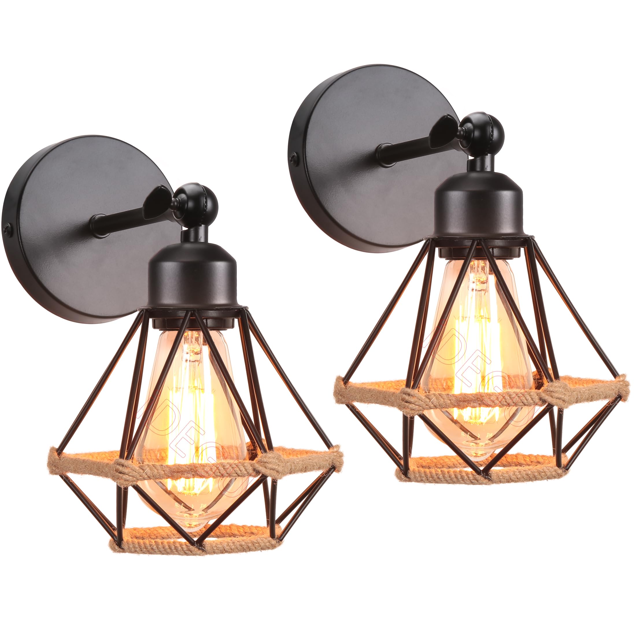 iDEGU 2 Piezas Lámpara de Pared Vintage Industrial 16CM Aplique Pared Interior Diseño Jaula en Metal con Cuerda de Cáñamo Ajustable Lámpara de Techo Iluminación de Pared para Dormitorio Pasillo Cocina