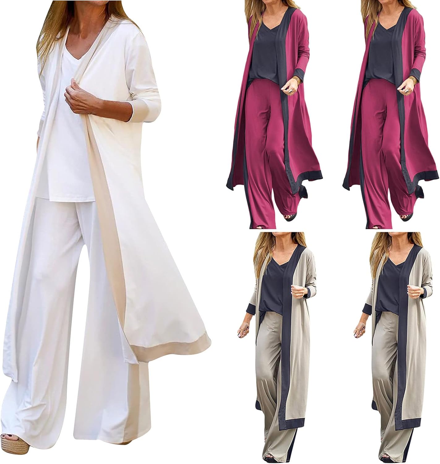 HGps8w Women 3 Piece Loungewear with Cardigan Sleeveless Cami Top and Wide Leg Pants Pajamas Set Loose Soft Silk Sleepwear