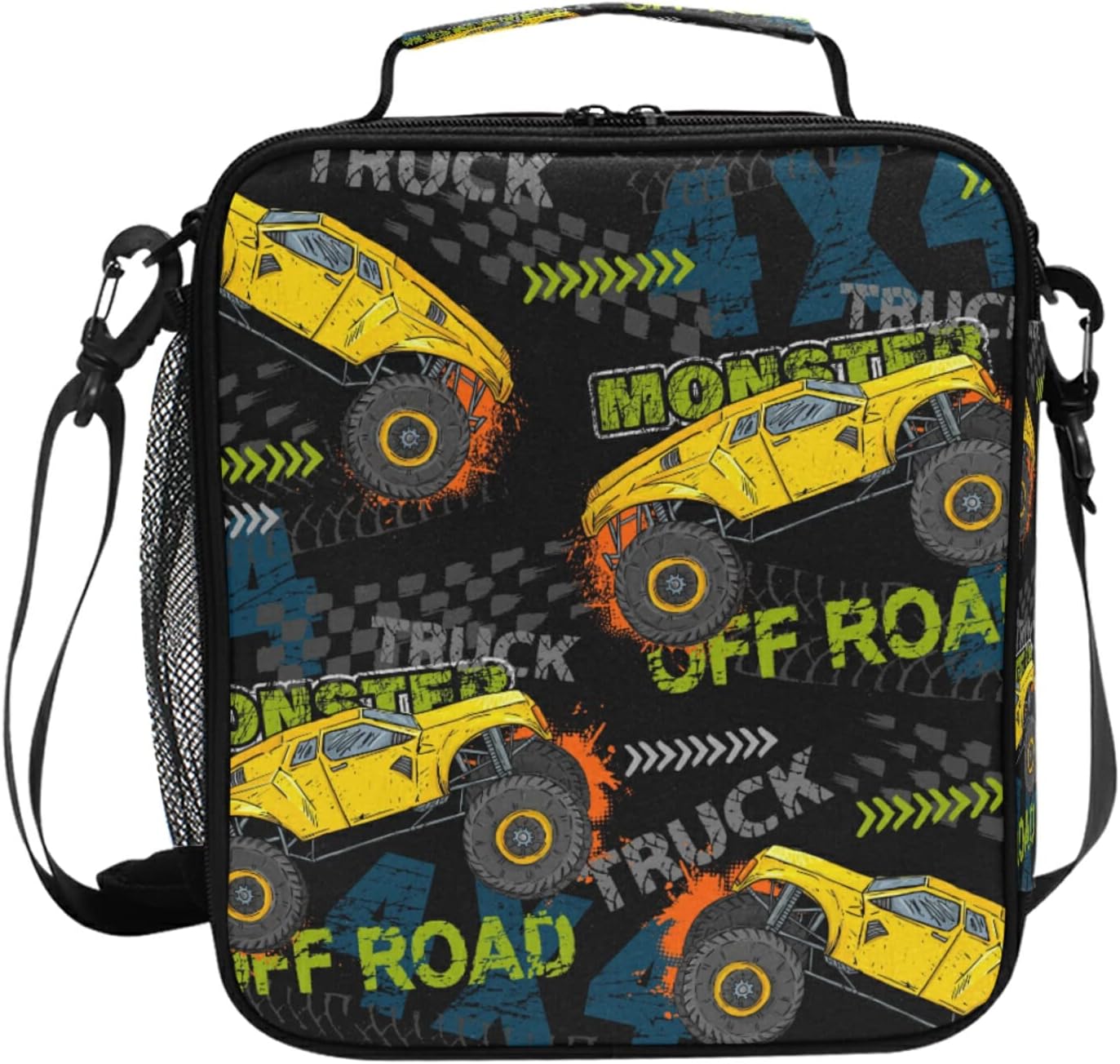 Kids Lunch Box Boys Girls Insulated Lunch Cooler Bag Cool Monster Truck Black Reusable Lunch Tote Kit for School Travel