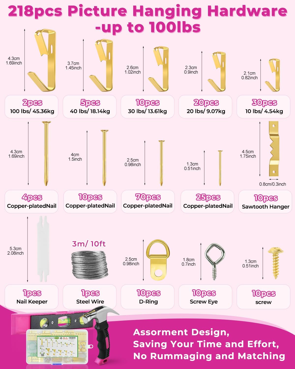 Picture Hanging Kit, Magnetic Hammer and Nails and Level Set for Hanging Photo/ Arts, Women Pink Tool 218Pcs Assorted Wall Frame Hanging Kit with Hooks/ Wire/ D Ring/ Sawtooth Hanger 100lbs