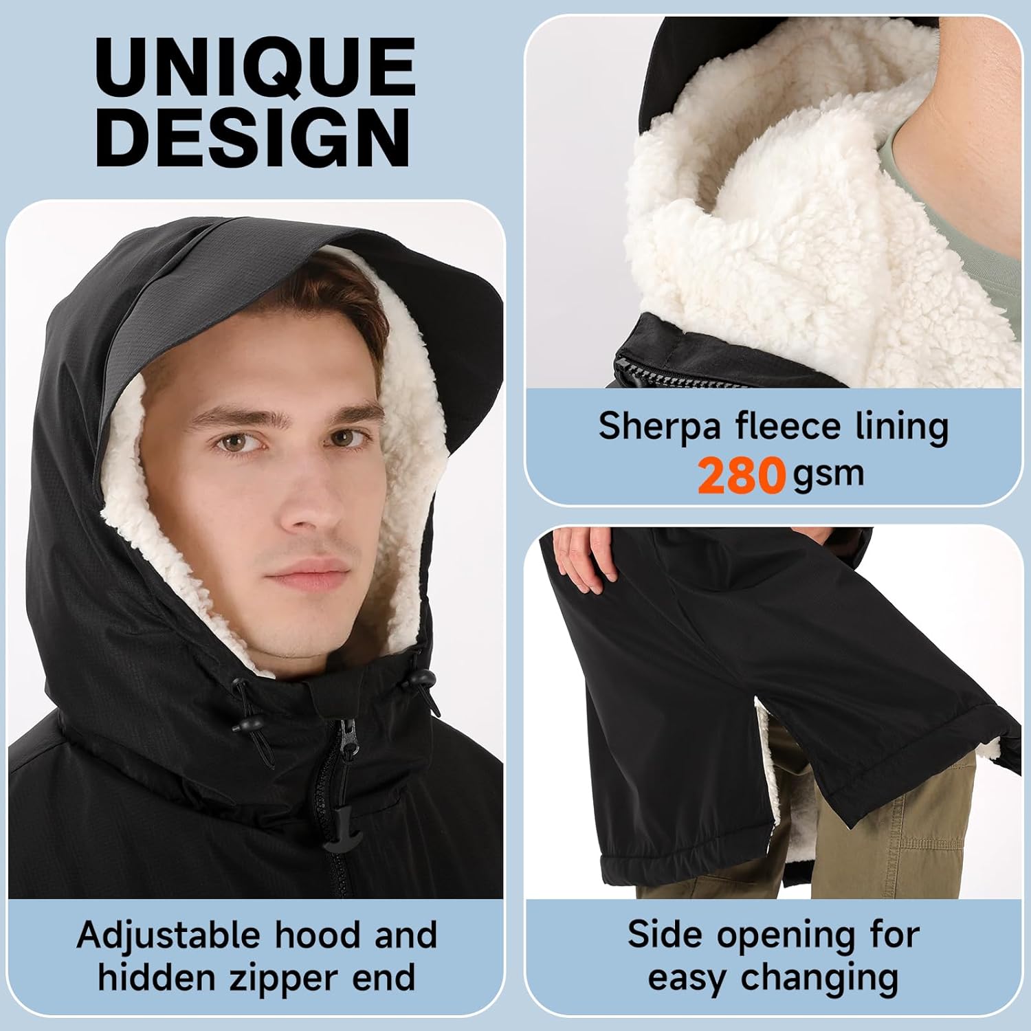 Donfri Winter Warm Swim Parka Men Women Youth Waterproof Windproof, Swimm Coat with TPU & Sherpa Lined, Hooded Changing Robe Surf Poncho - Image 5