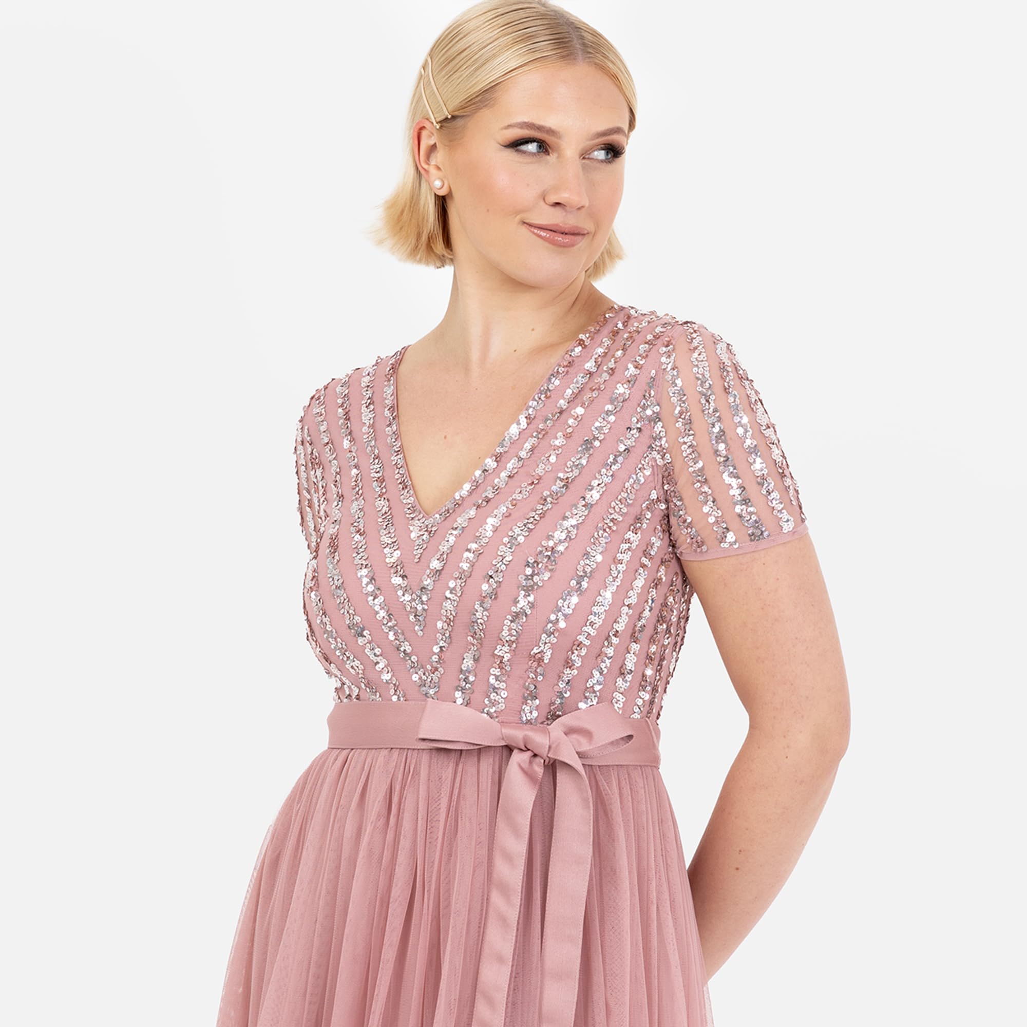 Maya Deluxe Sukienka maxi dla kobiet damska suknia balowa z dekoltem w szpic z krótkim rękawem długa elegancka talia Empire z paskiem vintage róża rozmiar 26, Róża Vinatge, 52