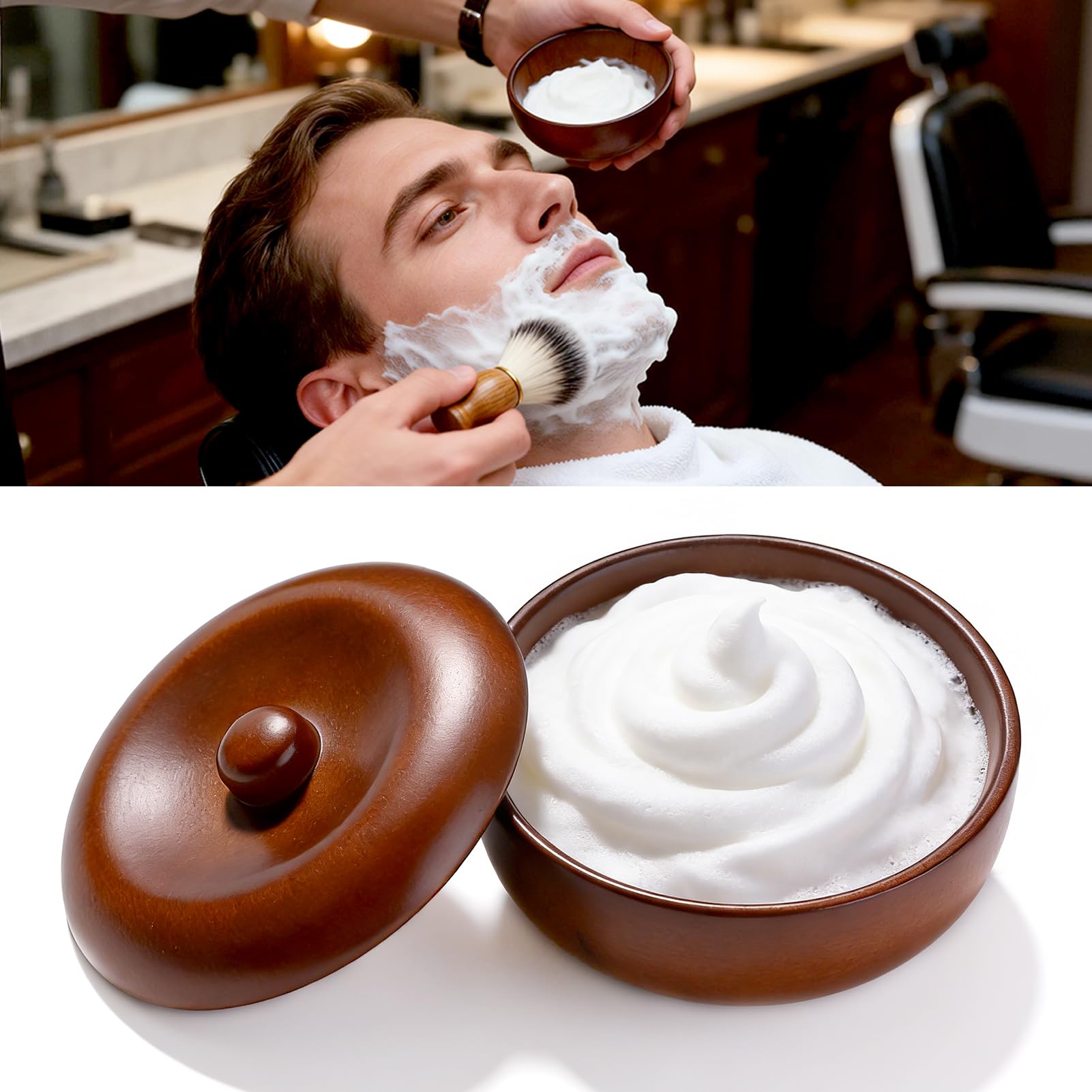 Bol Crème Raser Bois, Couvercle Tasse Savon Mousse, Outil Nettoyage Soins Barbe Homme (97 x 53 mm)