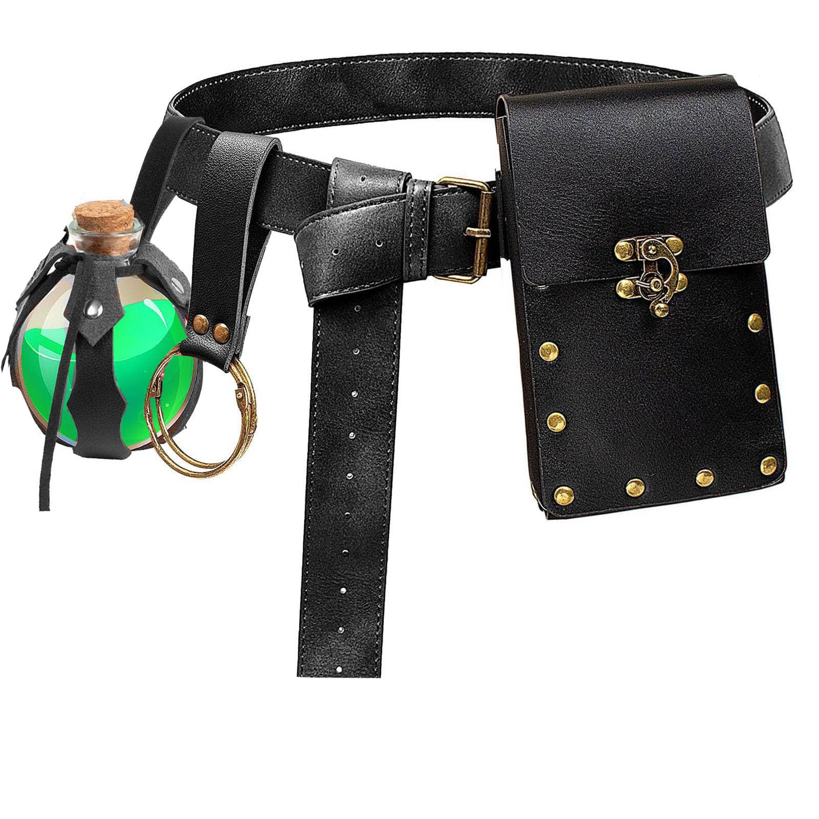 Renaissance Belt Pouch Coin Purse Skirt Hike Set Medieval Festival Costume Halloween Accessories Casual Fanny Pack Waist Bag (3Bottle-Black)