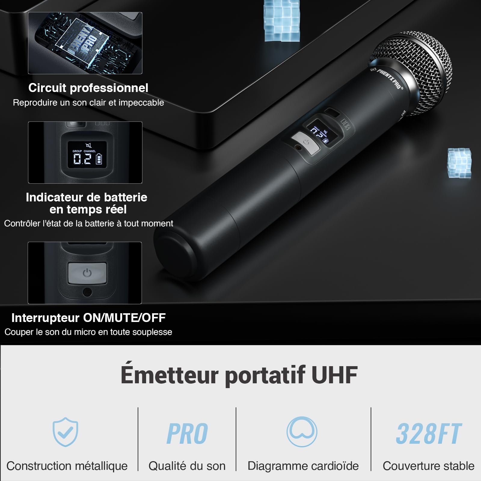 Phenyx Pro Système de Microphones sans Fil UHF 4 Canaux PTU-7000-4H | Auto Scan, 4 Micros main dynamiques, 4 x 40 fréquences, Portée 328 ft, Voix live, Services de culte, Événements karaoké
