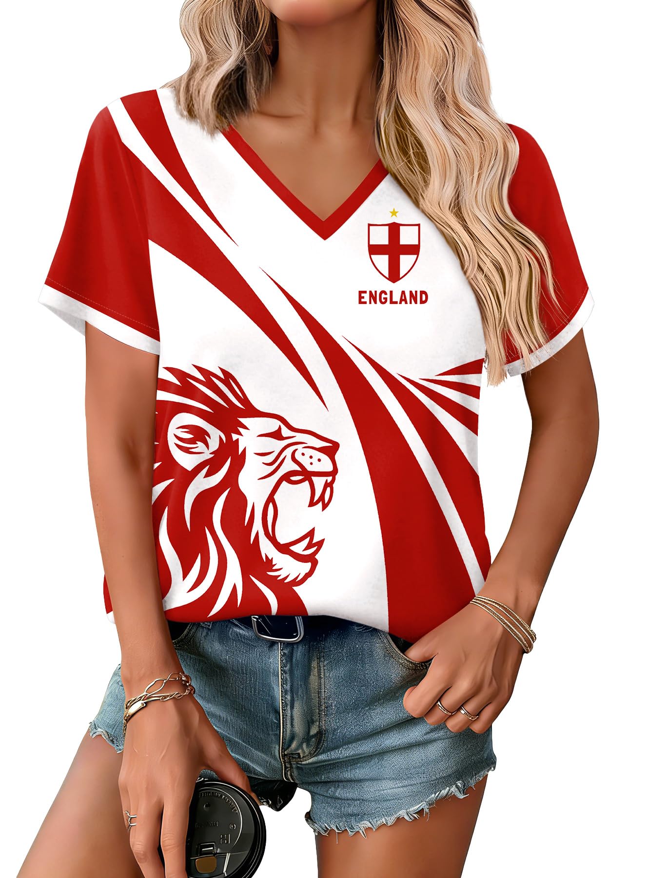 For G and PL Women's 2026 Football Match Day Cup Short Sleeve Graphic Top T-Shirt England English British UK Red White Blue A6 S โ image 1